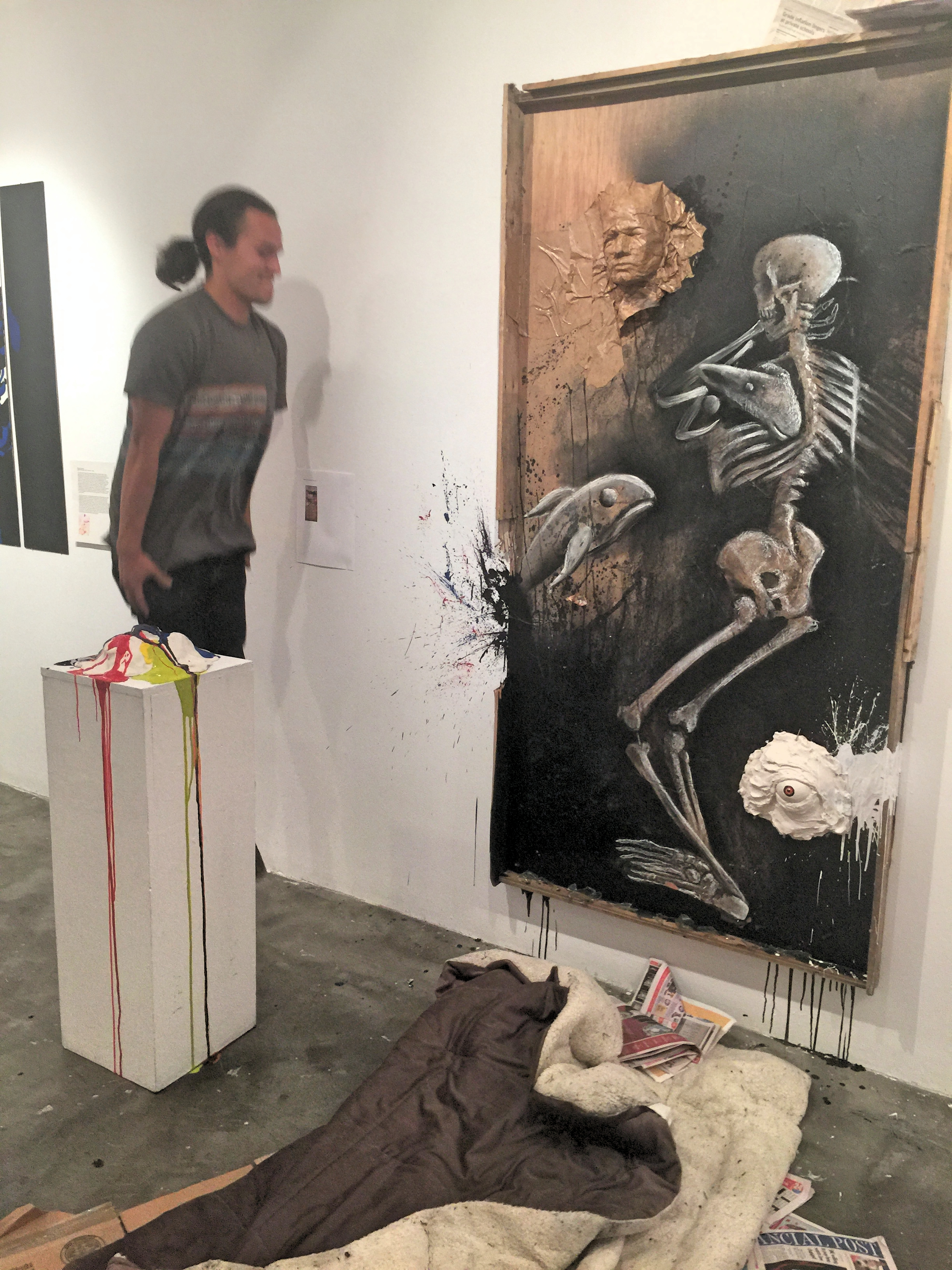 Cody (always in motion!) next to his response piece to the assigned Rauschenberg, exhibited at the "Talking Back" show at KPU prior to departure to New York and Venice. 
