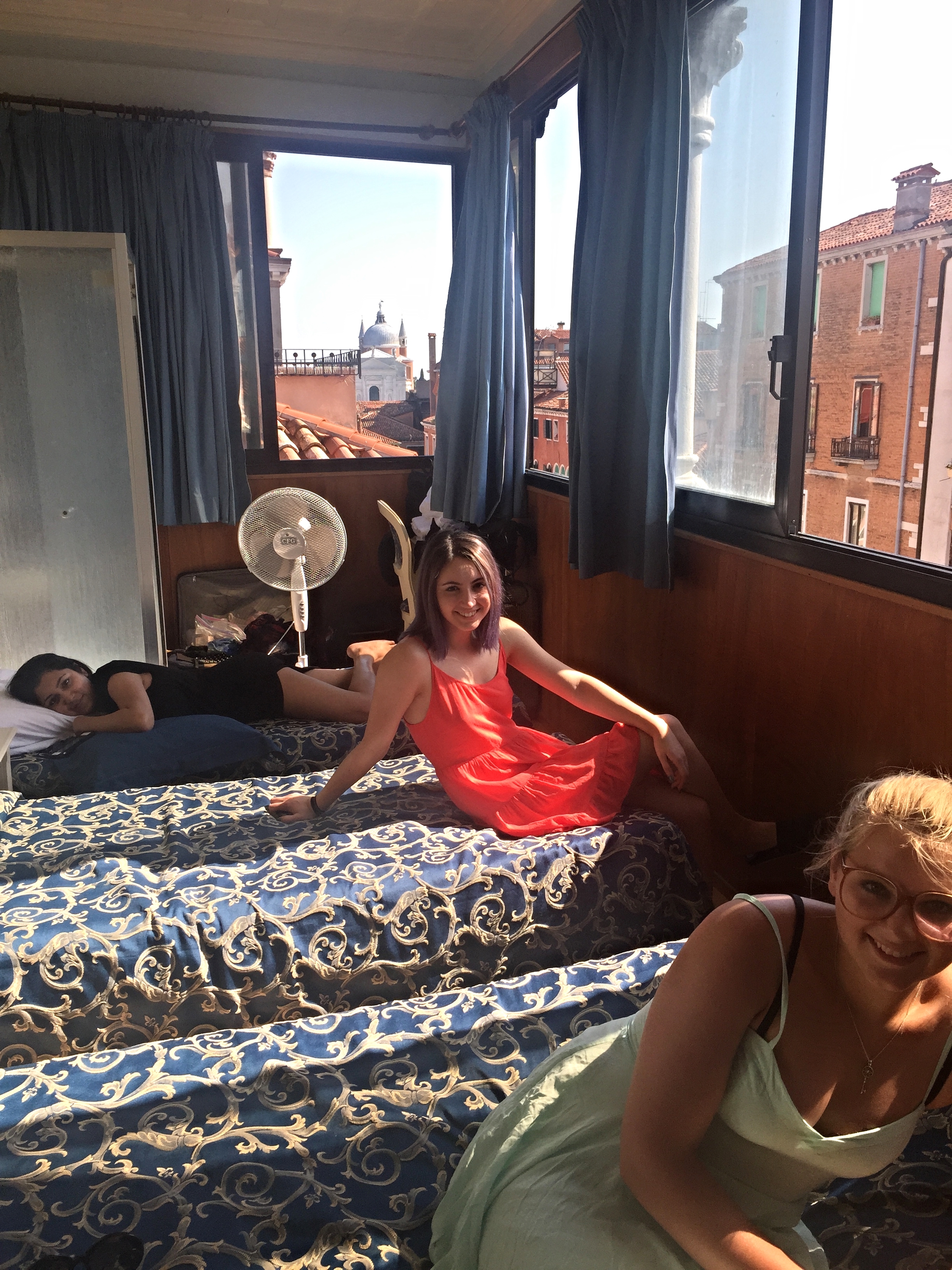 Jessica, Michelle, and Olivia settle into their new temporary home at our Venetian hotel.