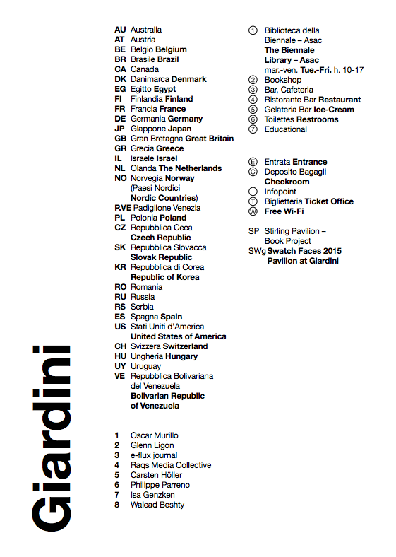 The list of national pavilions and other sites of interest at the 2015 Giardini venue at the Venice Biennale.