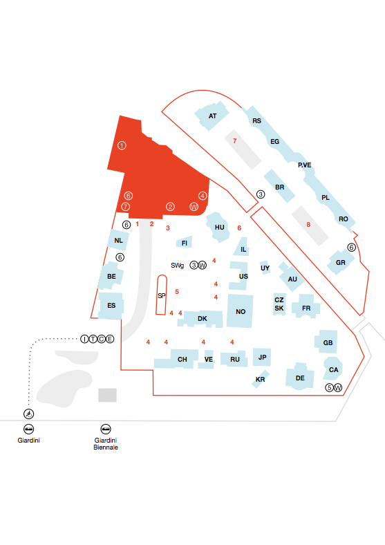 The Giardini is laid out with thirty national pavilions. Each student had been assigned one national pavilion and accompanying artist to study and then visit while in Venice. Note Canada's location at the south-east corner of the gardens, wedged between Great Britain and Germany.
