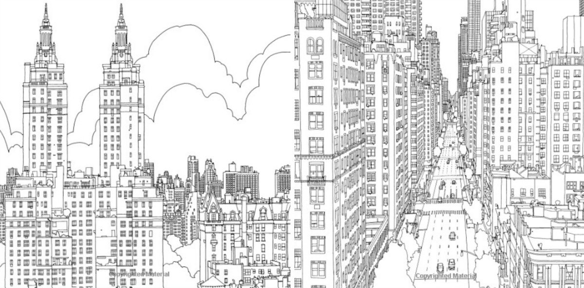 Here is a great example of the kinds of illustrated pages you are invited to colour in from Steve McDonald's Fantastic Cities .