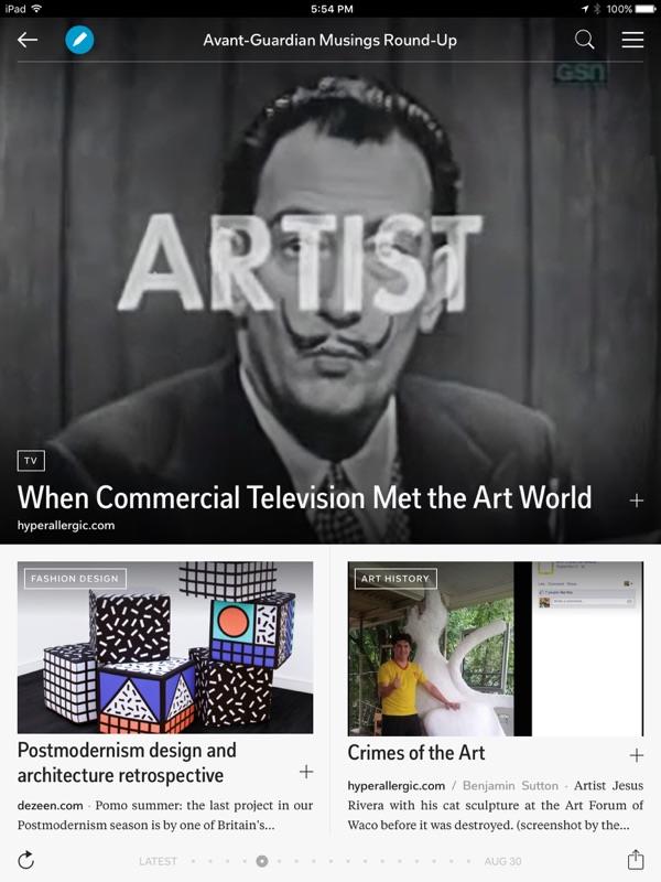 A screenshot of Flipboard on iPad-- finger swipe gestures work to move from one article to the next.