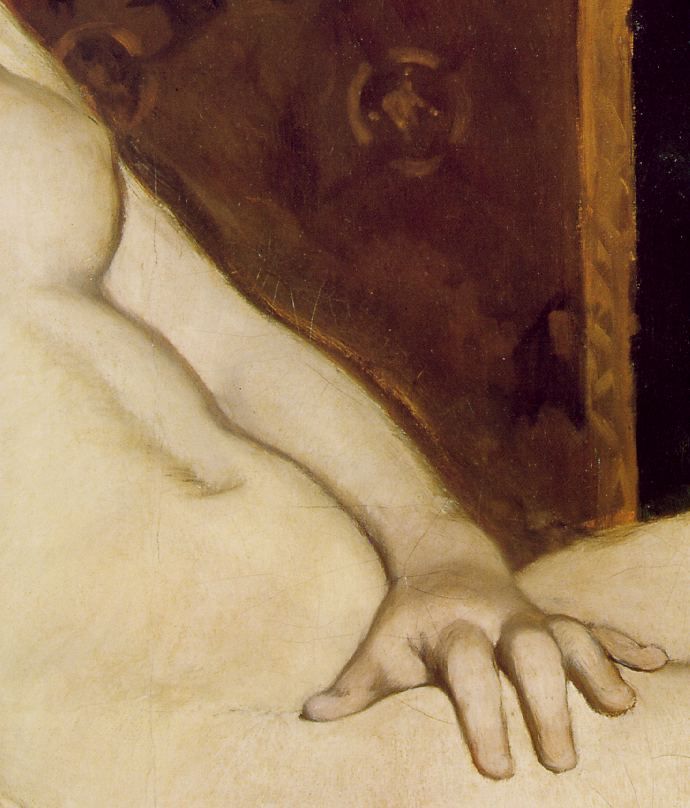 Detail of Olympia's hand at the central vertical axis of the painting