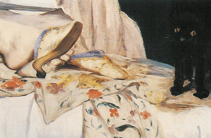 Look around all of the margins of an artwork to see fine details. We almost miss the cat since it is painted very dark and blends into the background. Note also the fine silk robe and expensive shoes worn by Olympia.