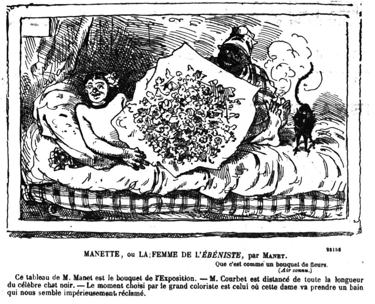 The public, press, and Salon critics ruthlessly critiqued Manet's painting. Here is a caricature that appeared in the press at the time. 