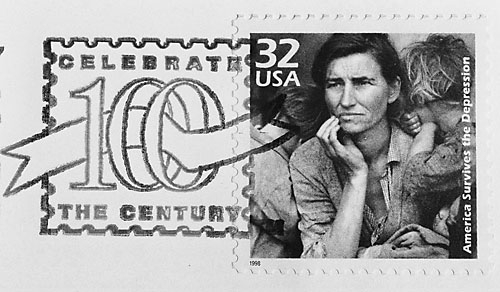 The American government issued a stamp of Lange's photograph, labeling the image "America Survives the Depression." This is one of the many ways this photograph has transformed via channels of exhibition and circulation.
