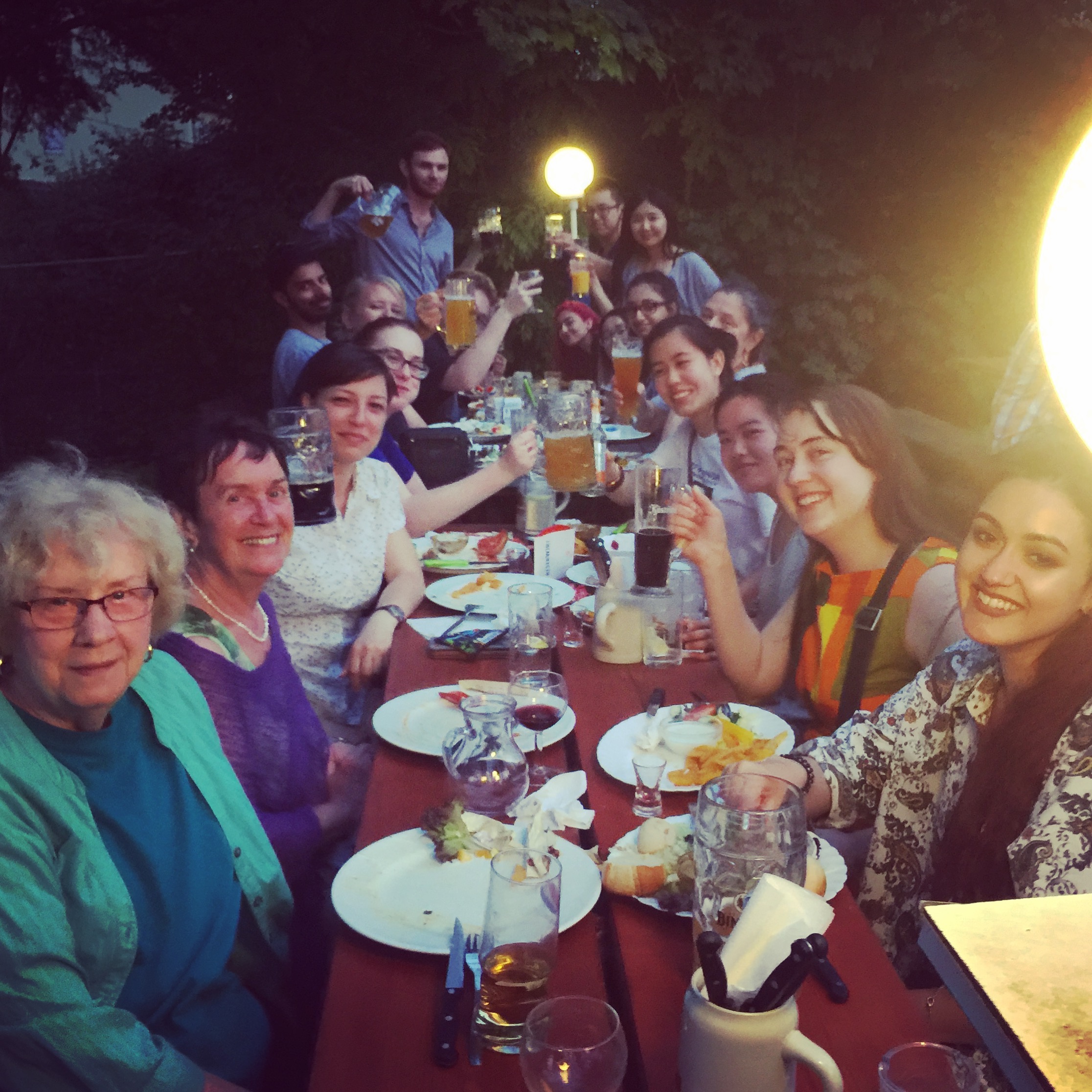 Prost! Enjoying our group's "local"-- the FIASKO beer garden in Kassel-- Dorothy in left foreground.