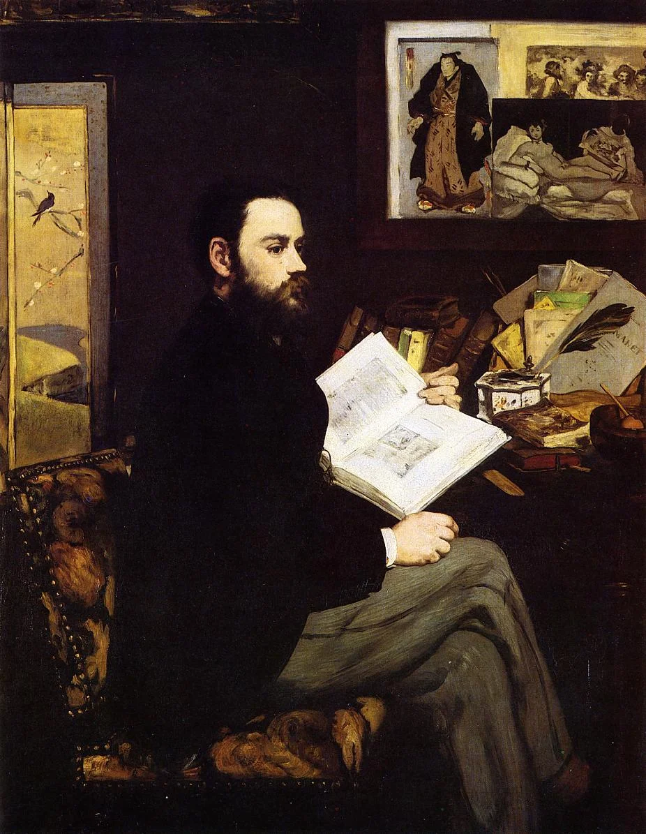 Edouard Manet, Portrait of Emile Zola (1868). Note the presence of Ukiyo-e prints on the far left and upper right register of Manet's painting-- a nod to the fashionable Japanese print culture that was part of the Paris urban scene from the mid to late 19th century. 