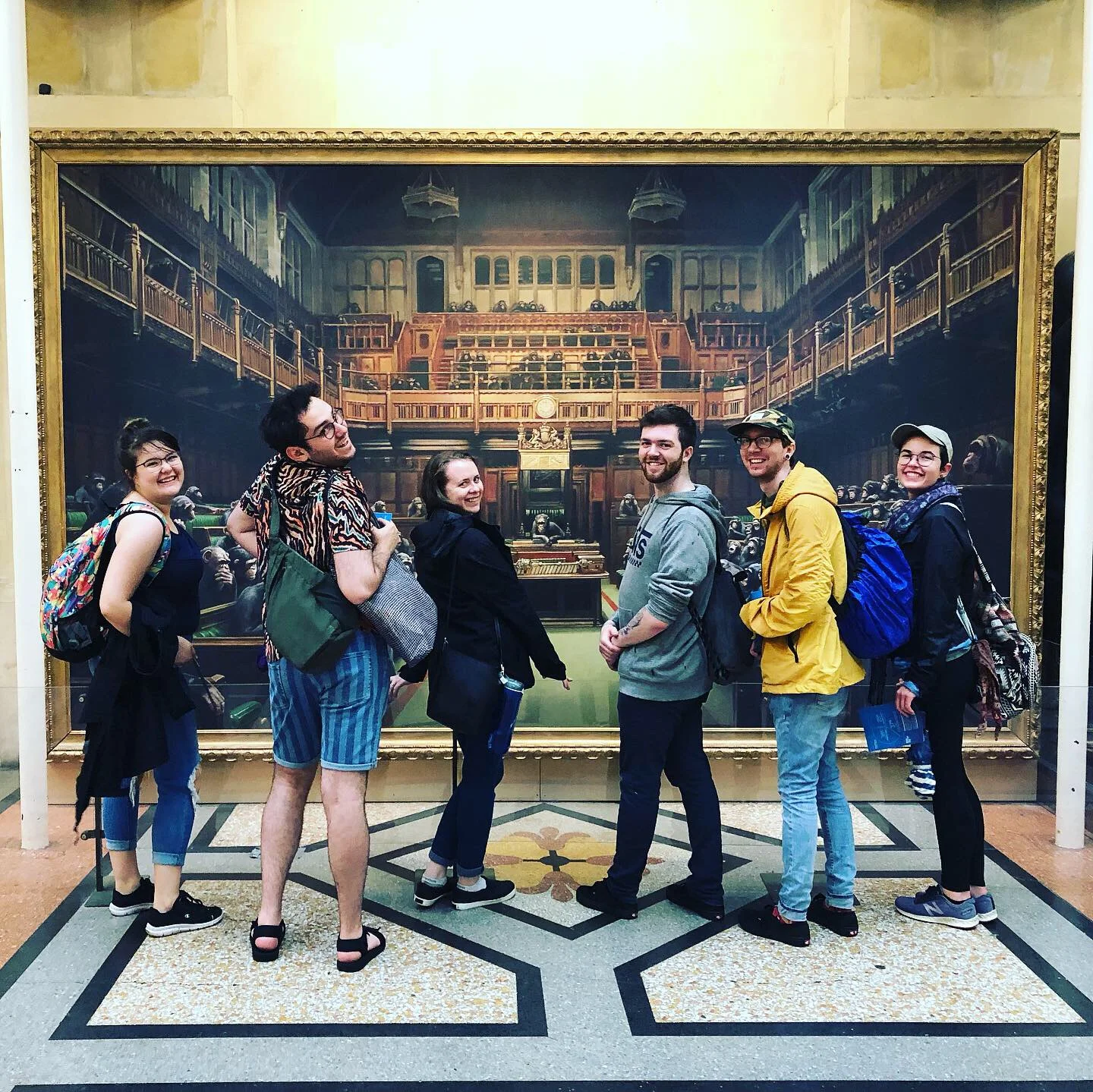 Steven, third from the right, enjoying a day in Bristol (with left to right, Victoria, Adam, Alison, Mark and Leah), part of which included taking in one of Banksy’s rare paintings at the Bristol Museum.
