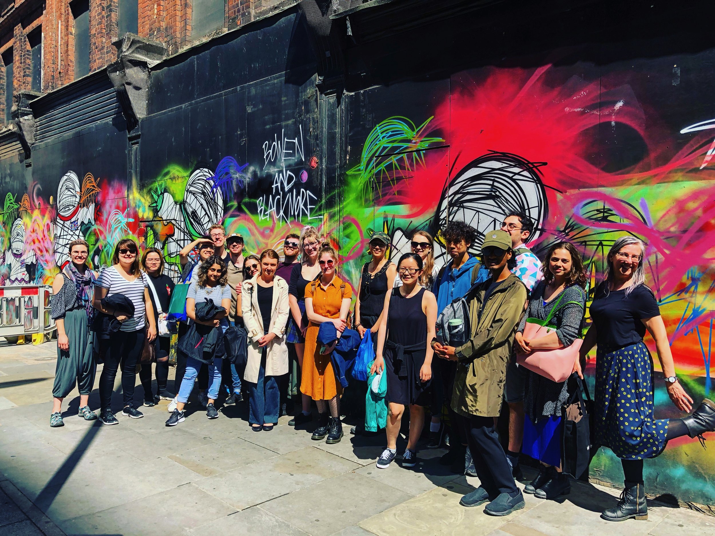 Anglea, at far right, and the group enjoying an outing in Shoreditch not far from Whitechapel and Barbican.