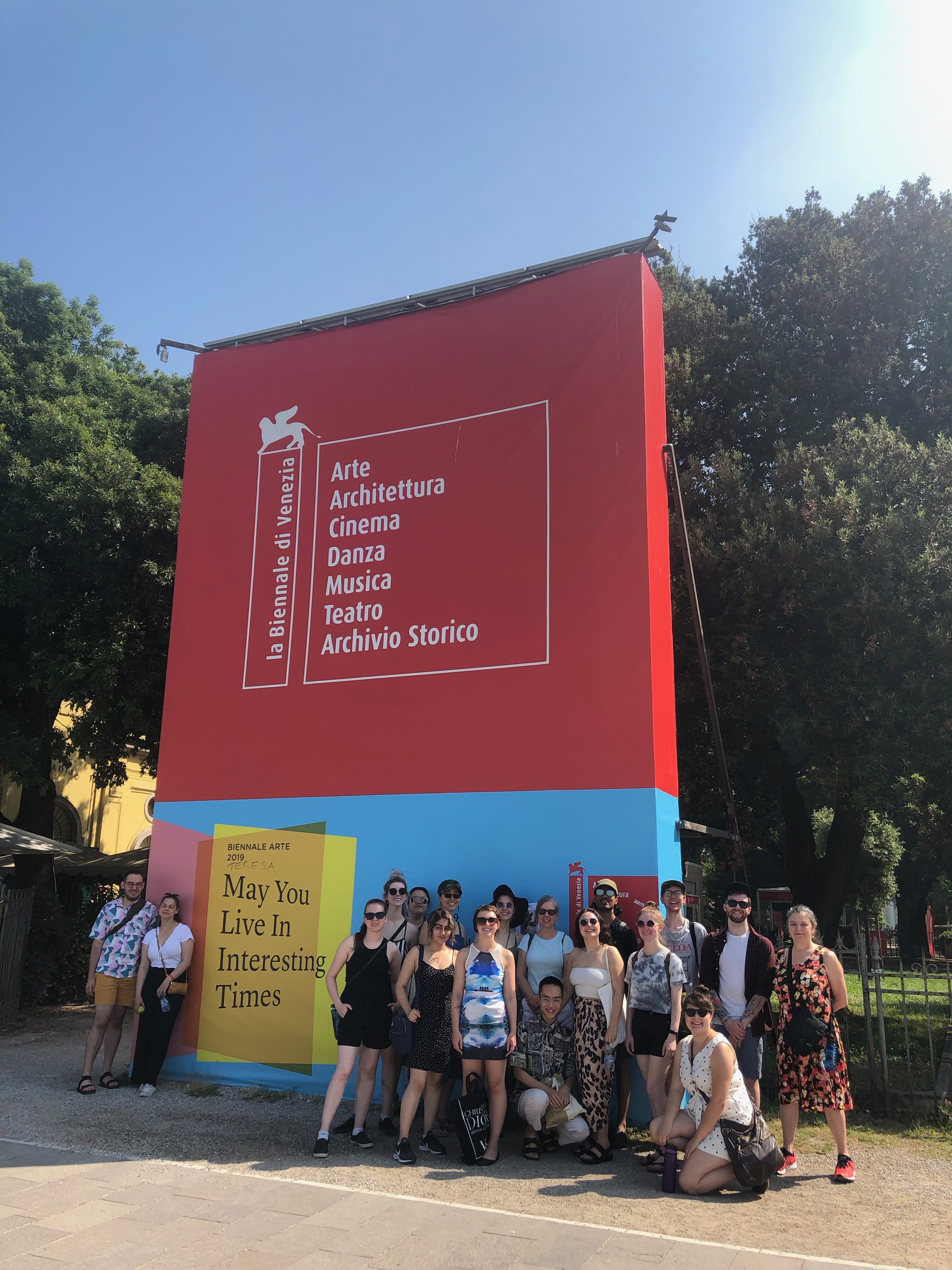 Our group outside the main venue at the Giardini. This yearās Venice Biennale theme is āMay You Live In Interesting Times.ā
