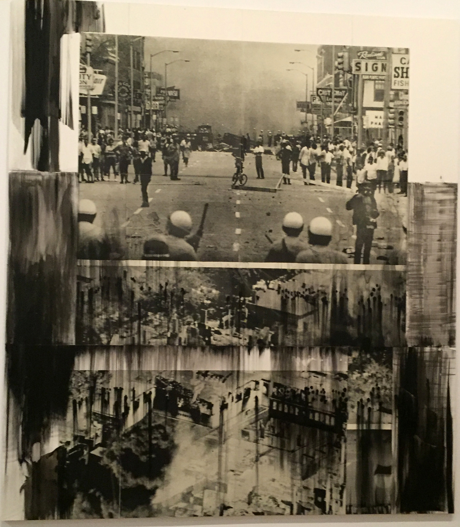 Lorna Simpson, Then and Now, 2016 (reworking of two photographs, one of the Detroit Rebellion in 1967 where 43 people were killed when police attempted an arrest in an unlicensed bar in an African American neighbourhood, the other photograph of recent protests of African American deaths by police. Elizabeth felt compelled to spend some time with this image while thousands of Londoners were protesting the arrival of Donald Trump not all that far away)