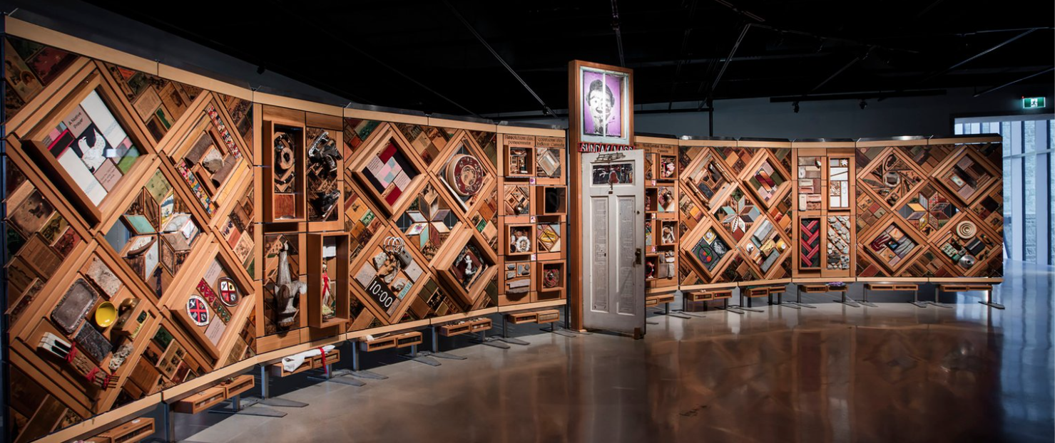 An installation shot of Carey Newmanor Hayalthkin’geme, The Witness Blanket  (2015) housed in the Canadian Museum of Human Rights.