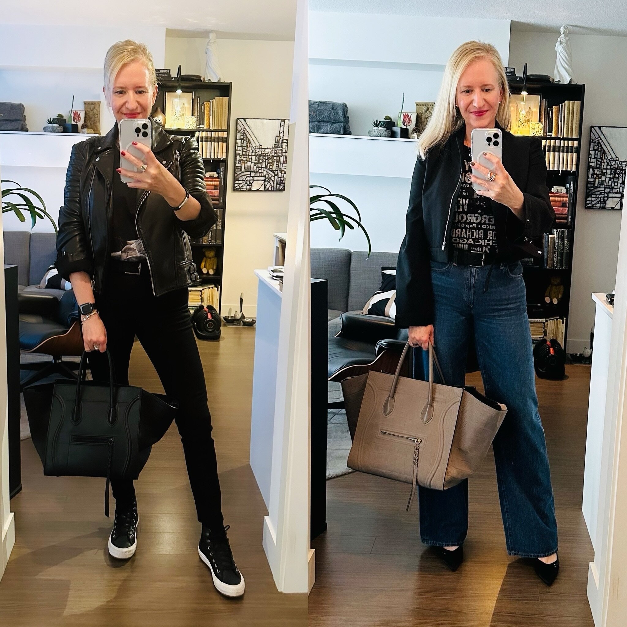 🖤🩶 Two different vibes, two different silhouettes. Damn it if Gen Z made this Gen Xer like wide leg denim again 😂 #ootd #arthistorianlfe #denimwars #whatiwore  #genx #citizensofhumanity #celine #allsaints