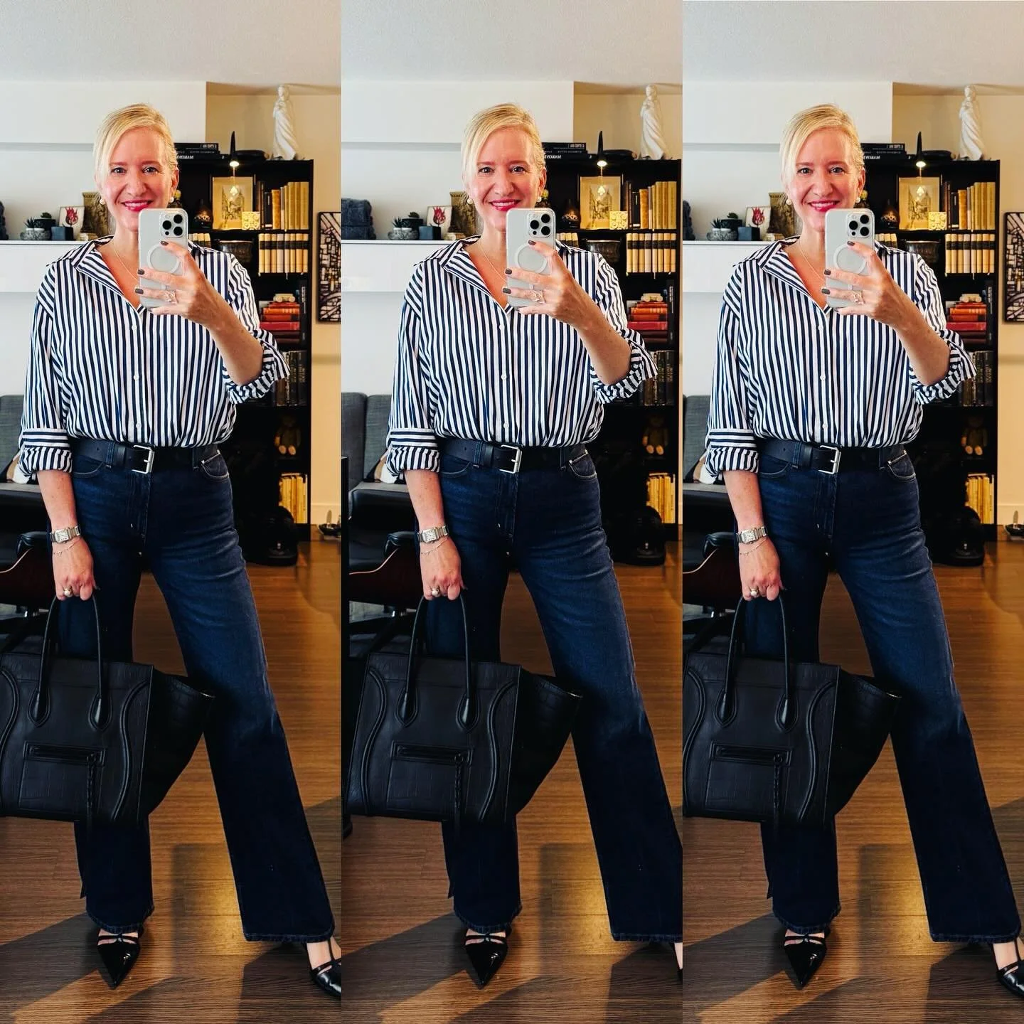 Classic lines and navy blues feed my sartorial soul 💙✨
.
.
.
#dopaminedressing #whatiwore #ootd #arthistorianlife #citizensofhumanity #ralphlauren  #celine