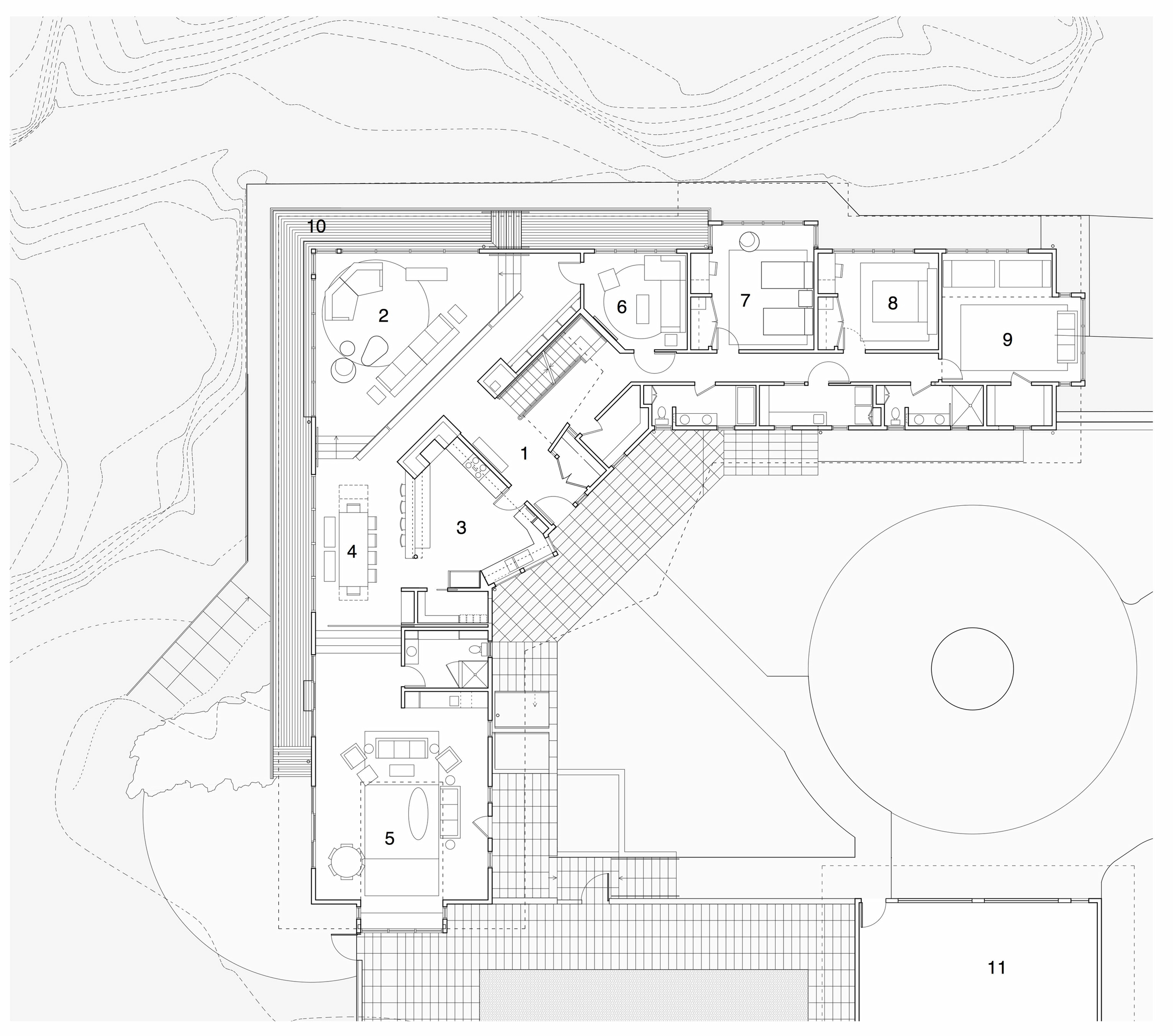  main floor plan:&nbsp; (1) entryway, (2) living room, (3) kitchen, (4) dining area, (5) family room, (6) den, (7-9) bedrooms, (10) deck, (11) garage 