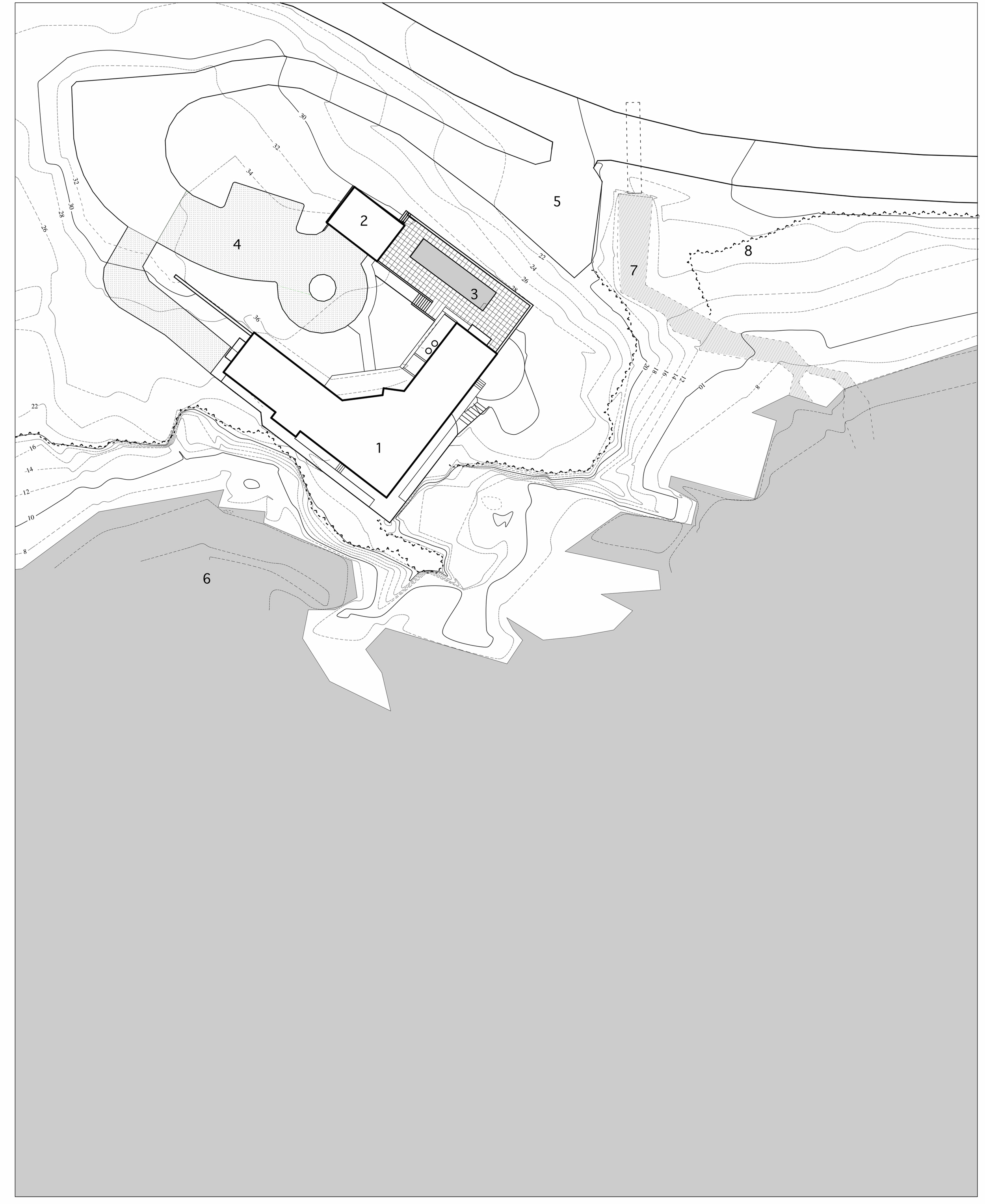  site plan:&nbsp; (1) house, (2) garage, (3) swimming pool, (4) entry drive, (5) driveway, (6) coastline, (7) stream, (8) edge of site 