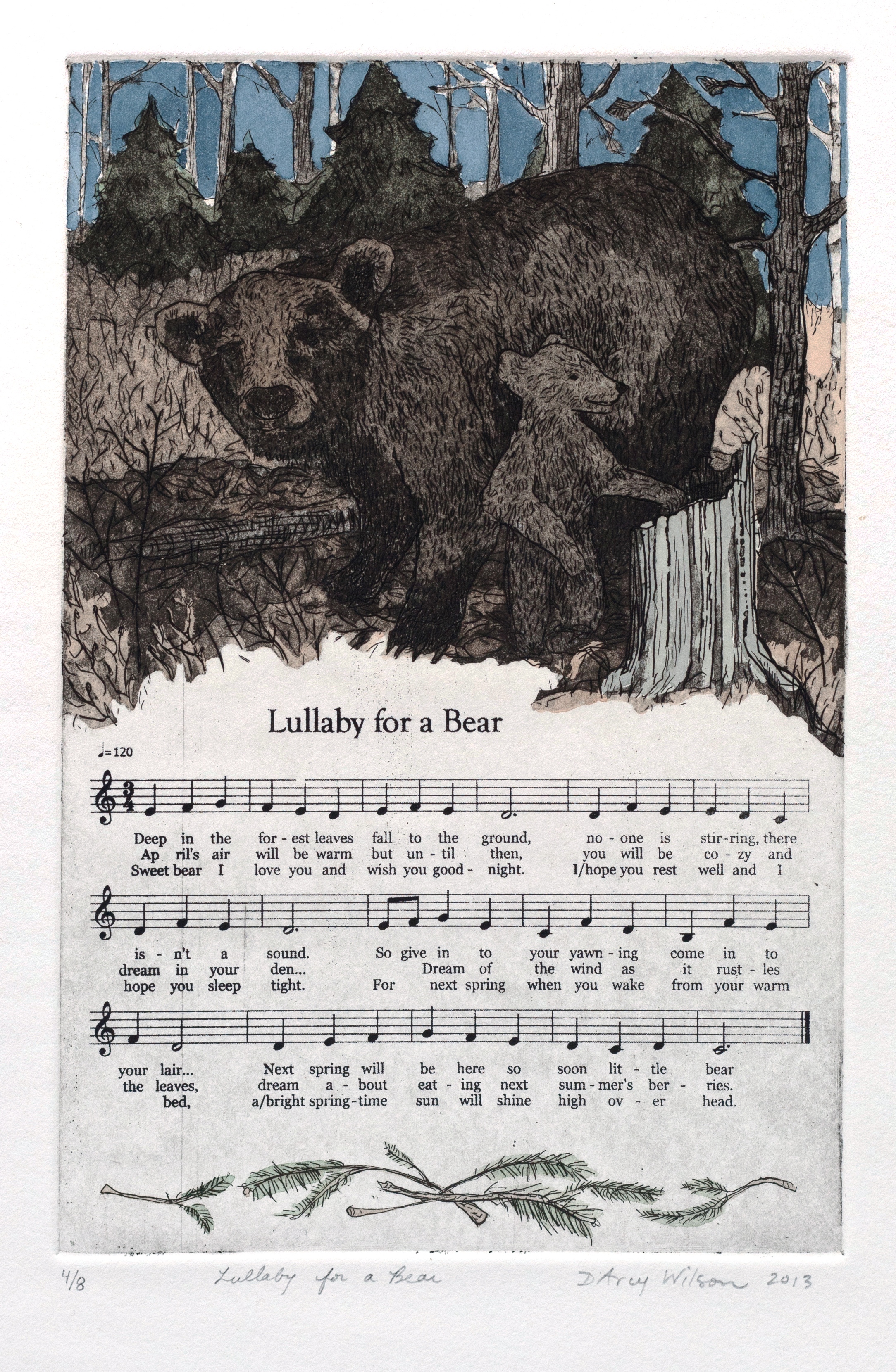   Lullaby for a Bear,  etching, watercolor, and silkscreen on paper, plate dimensions: 6" x&nbsp; 9",&nbsp; 2013 