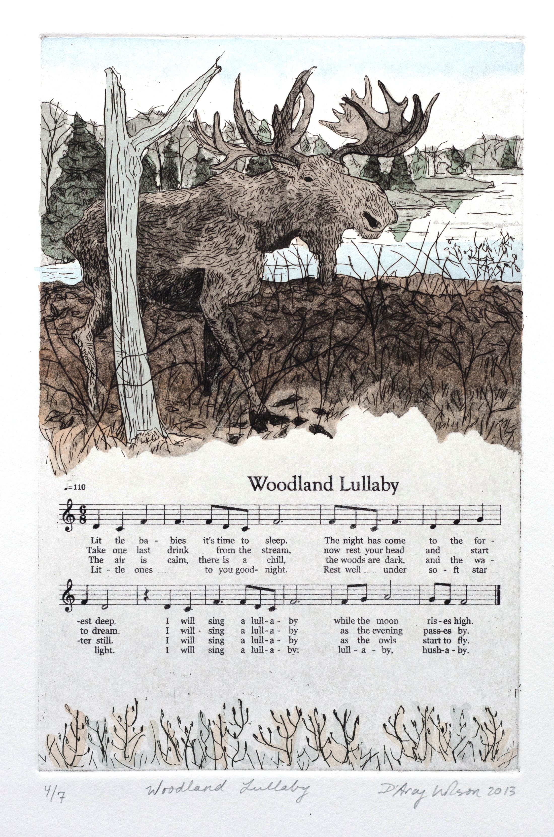   Woodland Lullaby,  etching, watercolor, and silkscreen on paper, plate dimensions: 6" x&nbsp; 9",&nbsp; 2013 