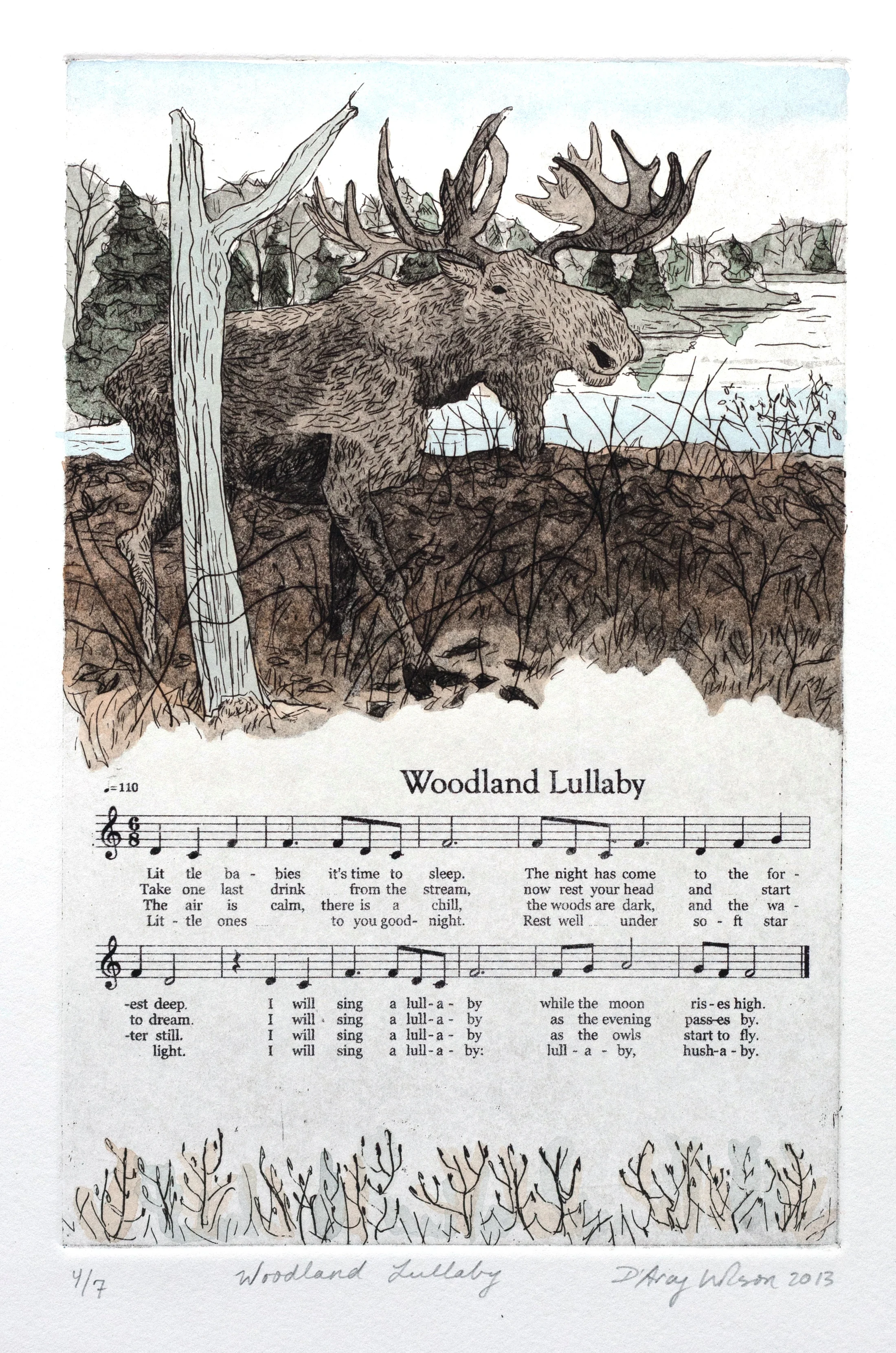 Woodland Lullaby, etching, watercolor, and silkscreen on paper, plate dimensions: 6" x 9", 2013