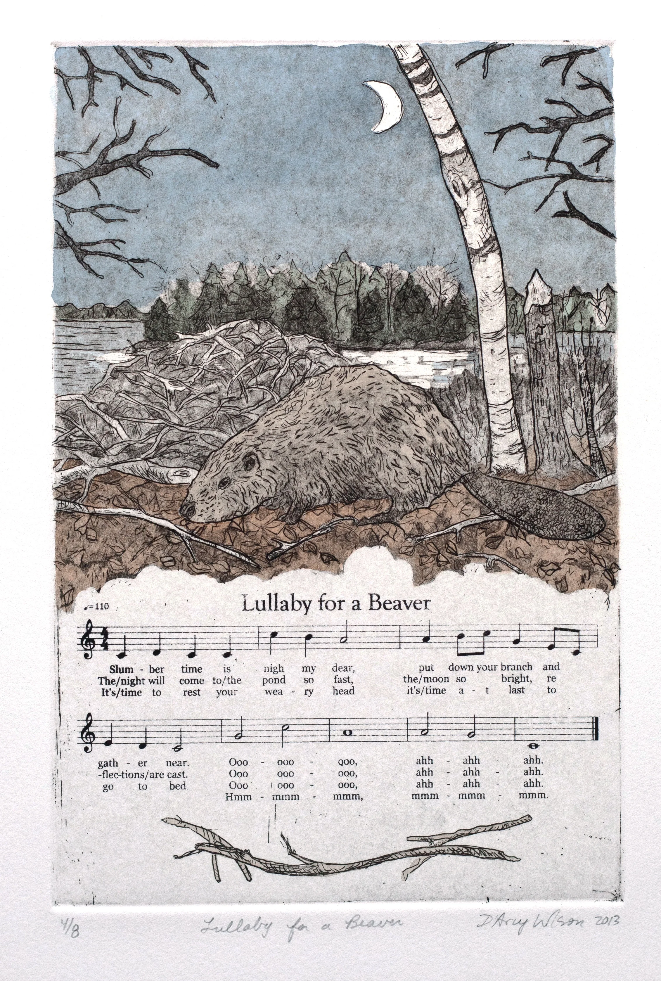 Lullaby for a Beaver, etching, watercolor, and silkscreen on paper, plate dimensions: 6" x 9", 2013