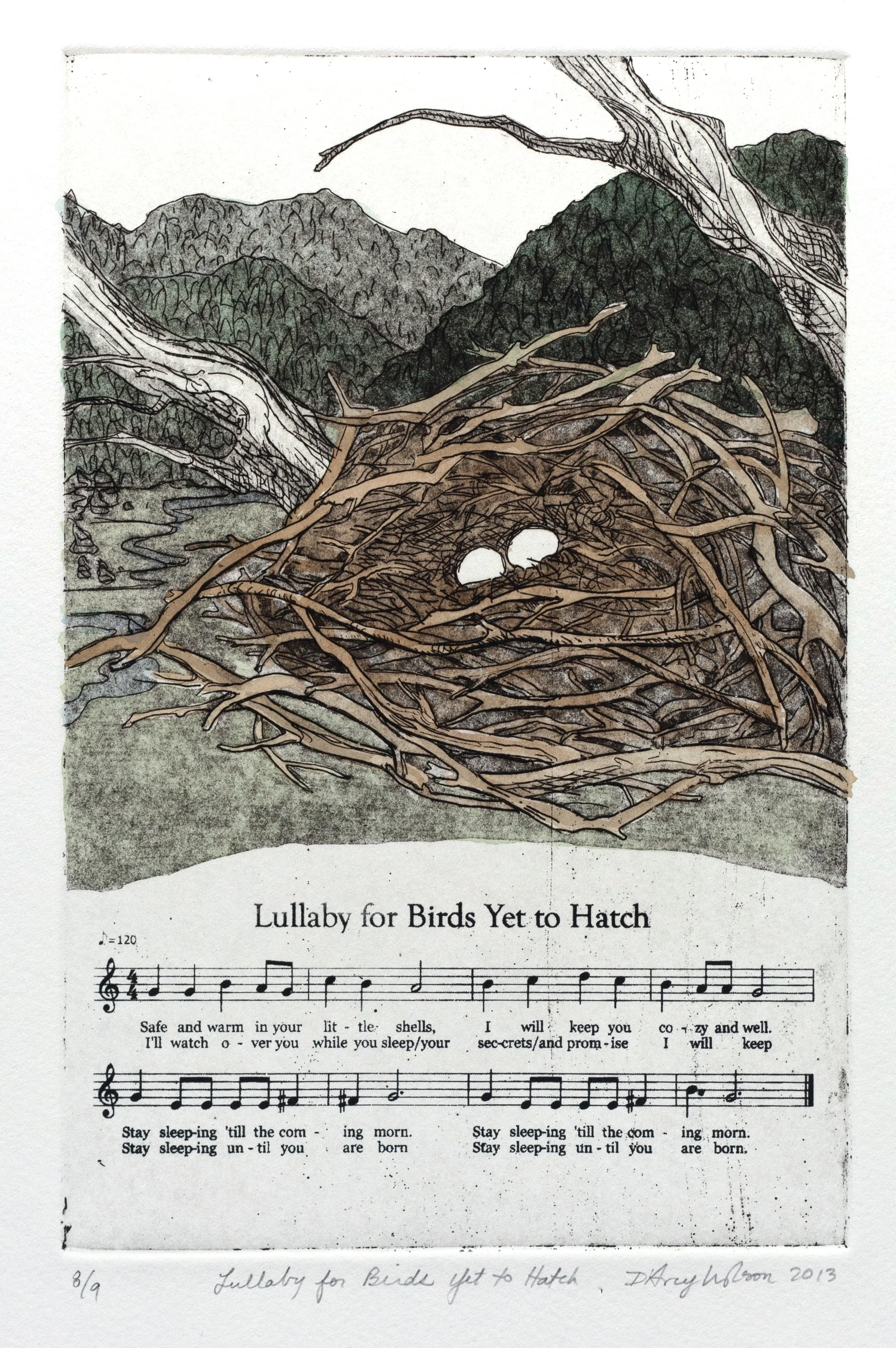 Lullaby for Birds Yet to Hatch, etching, watercolor, and silkscreen on paper, plate dimensions: 6" x 9", 2013