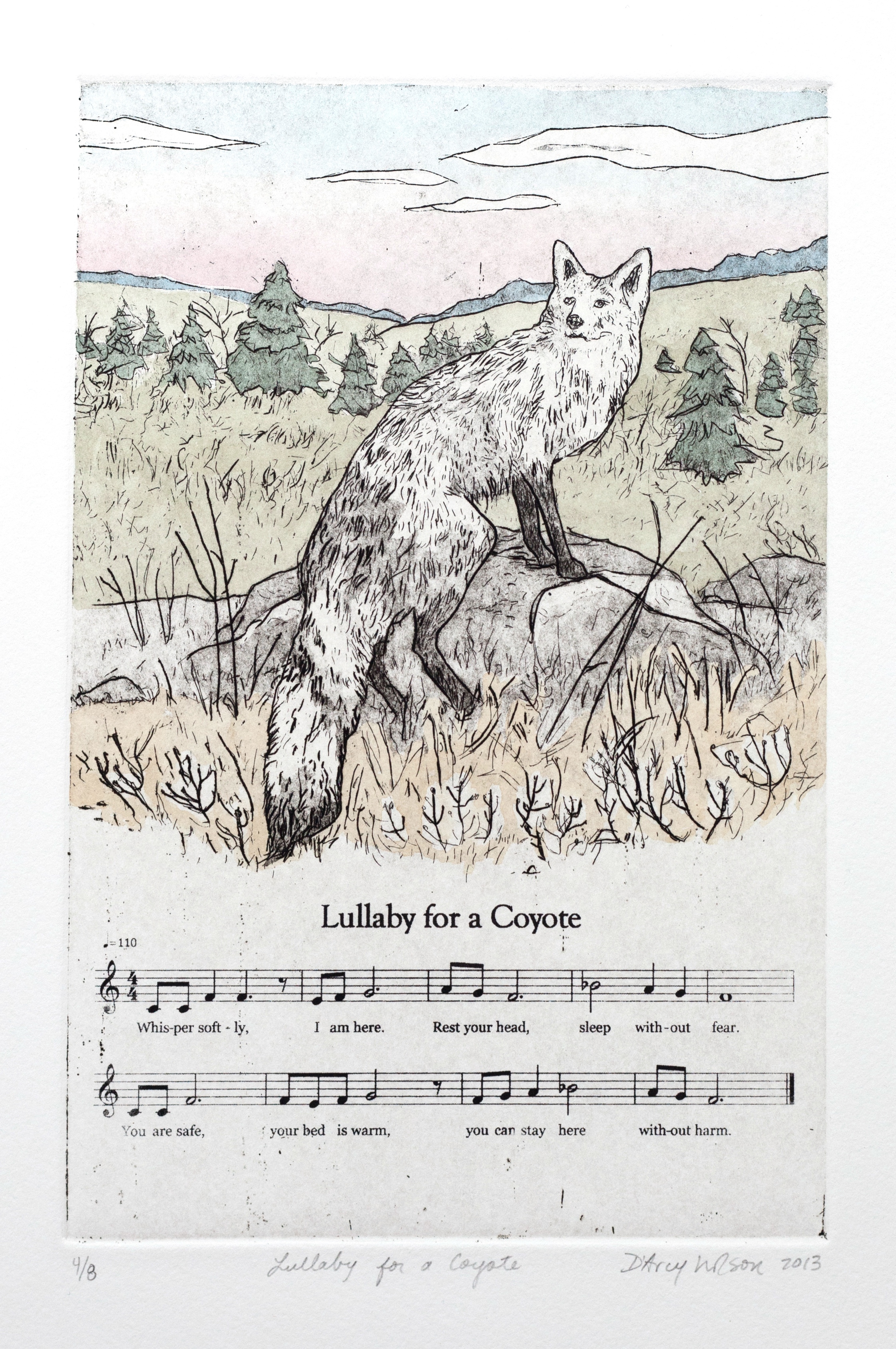   Lullaby for a Coyote,  etching, watercolor, and silkscreen on paper, plate dimensions: 6" x&nbsp; 9",&nbsp; 2013 