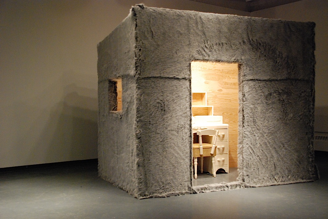   Trapper , cabin covered with faux fur, furniture, wildlife figurines, audio element of bird calls, performance, The Little Gallery, University of Calgary, 2008 