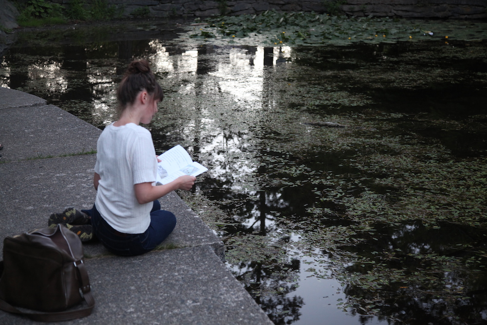   Bedtime Stories,  Public performance of reading bedtime stories to the urban wildlife in Point Pleasant Park, Halifax NS, July 2013 (reading "Frog and Toad are Friends") 