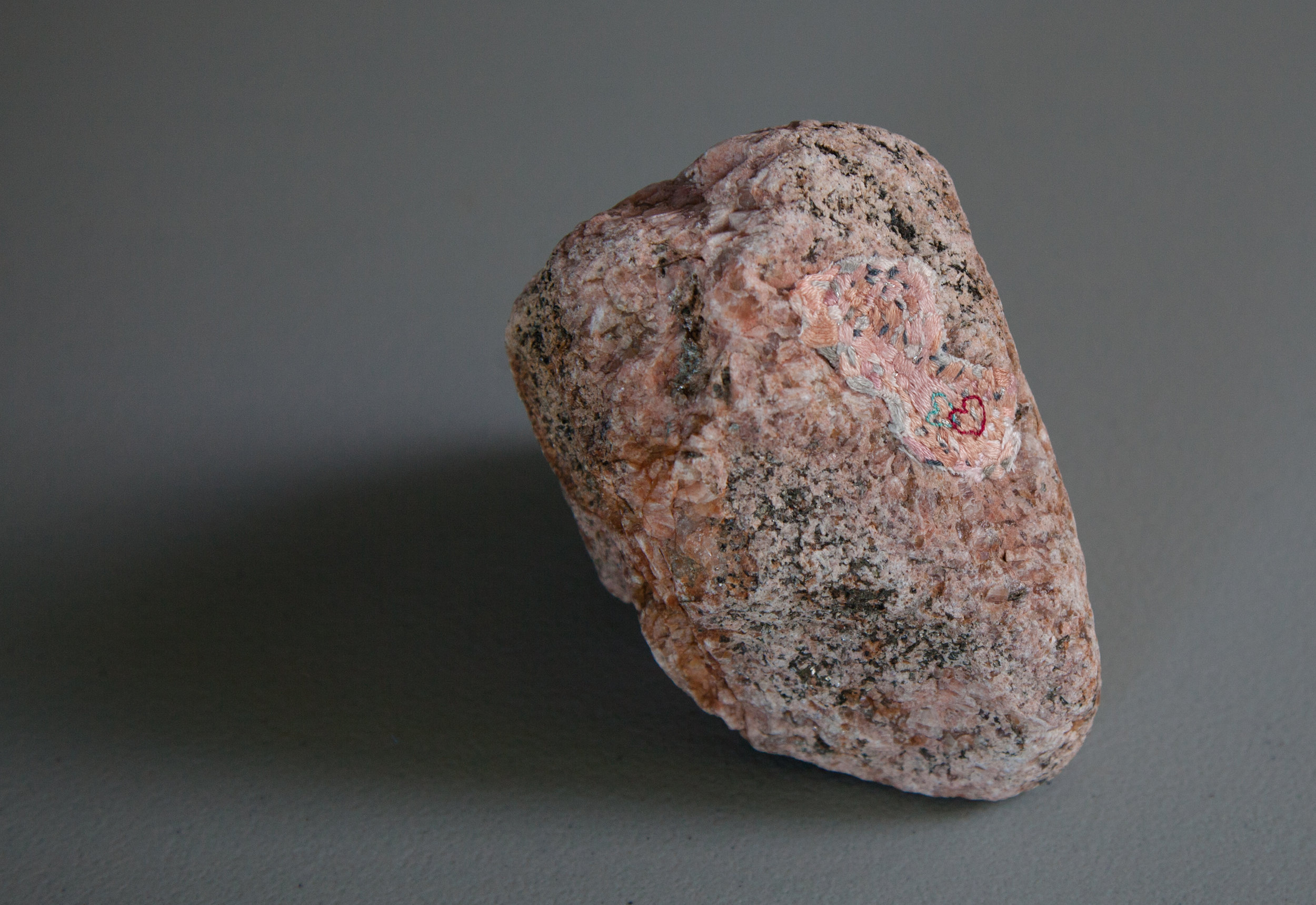  pink granite and embriodery, aprx. 6 inches high, 2016 