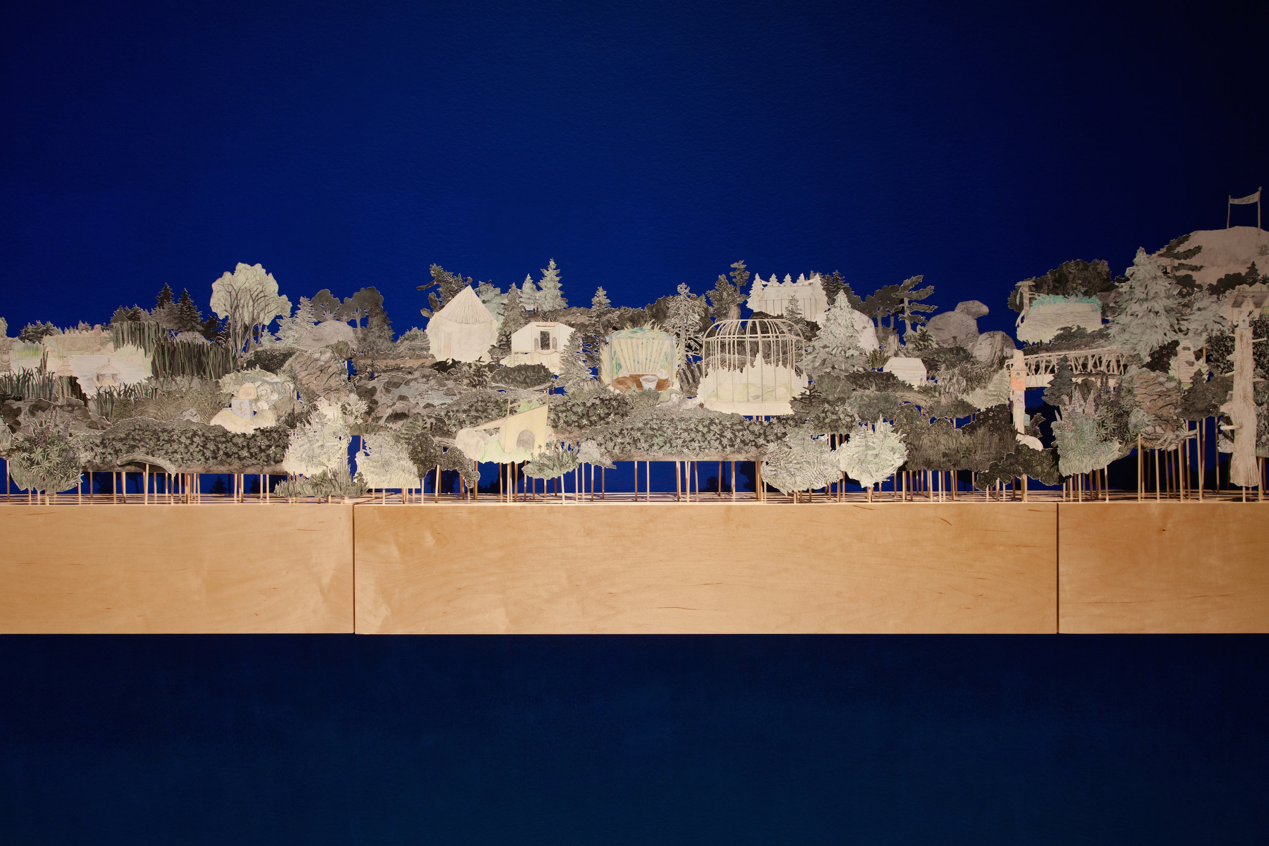    Diorama of the Gardens; a reconstruction of Downs' Zoological Gardens,   detail,     hand-coloured and cut etchings, coloured pencil drawings, and birch base. 14 feet long, 2016. Installed at the Owens Art Gallery, Sackville, NB 