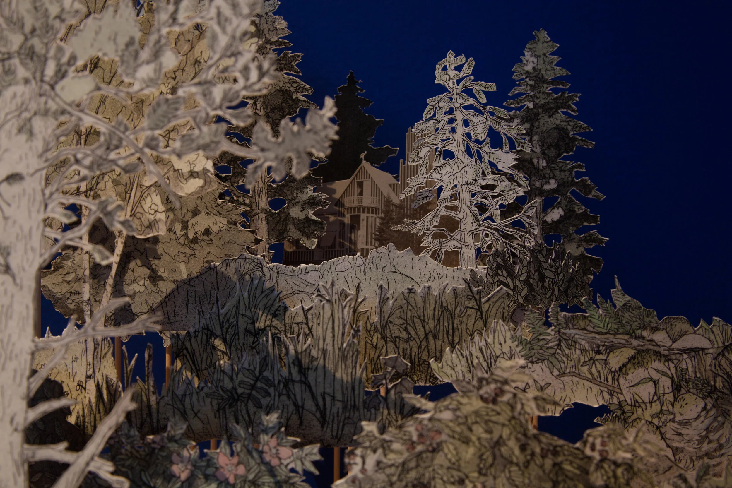 Diorama of the Gardens; a reconstruction of Downs' Zoological Gardens, detail, hand-coloured and cut etchings, coloured pencil drawings, and birch base. 14 feet long, 2016. Installed at the Owens Art Gallery, Sackville, NB