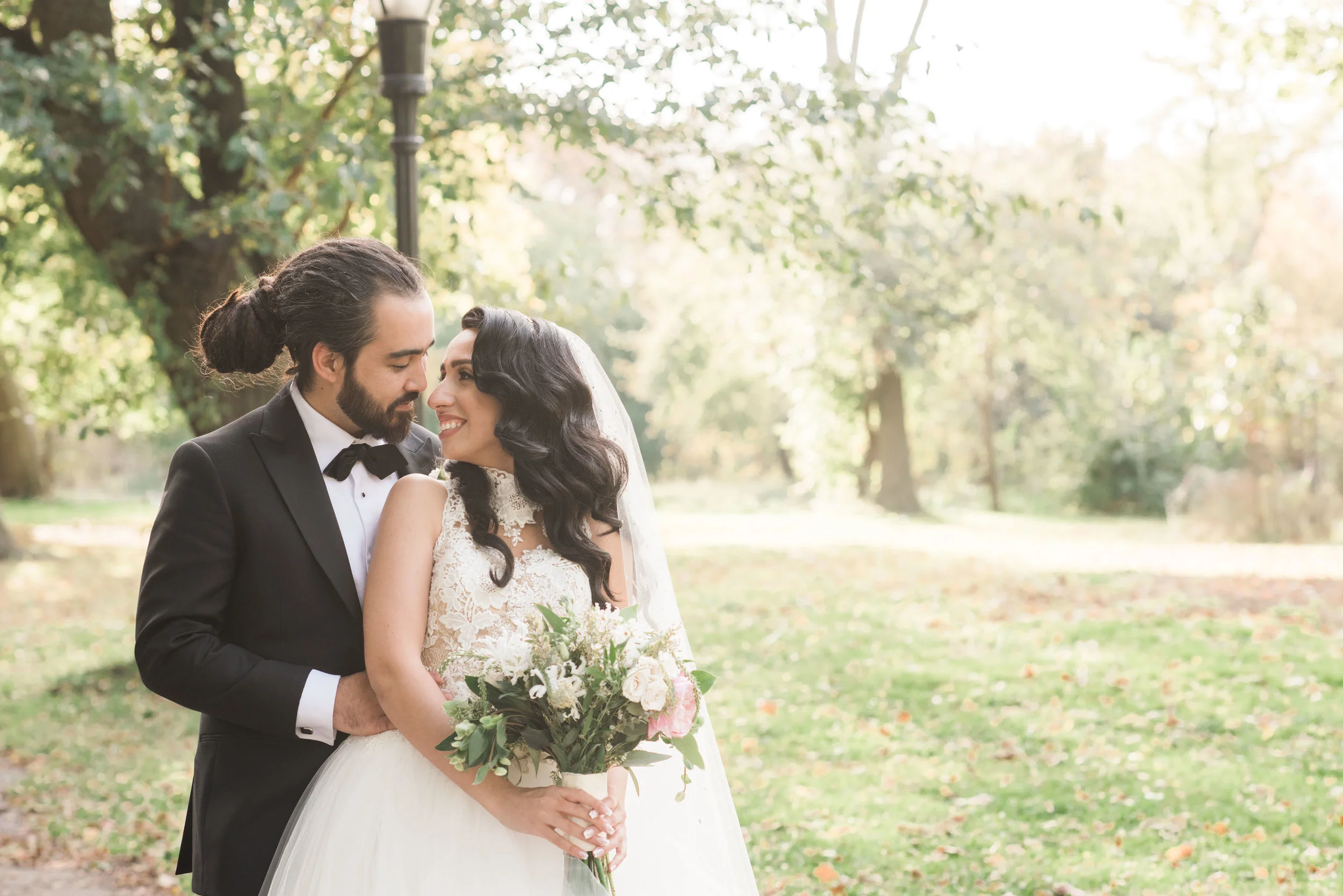 Golden Hour light, bride and groom portrait, bride and groom, prospect park, princess wedding gown, wedding flowers, bridal bouquet, bouquet, bride, groom with dreadlocks, handsome couple, handsome bride and groom