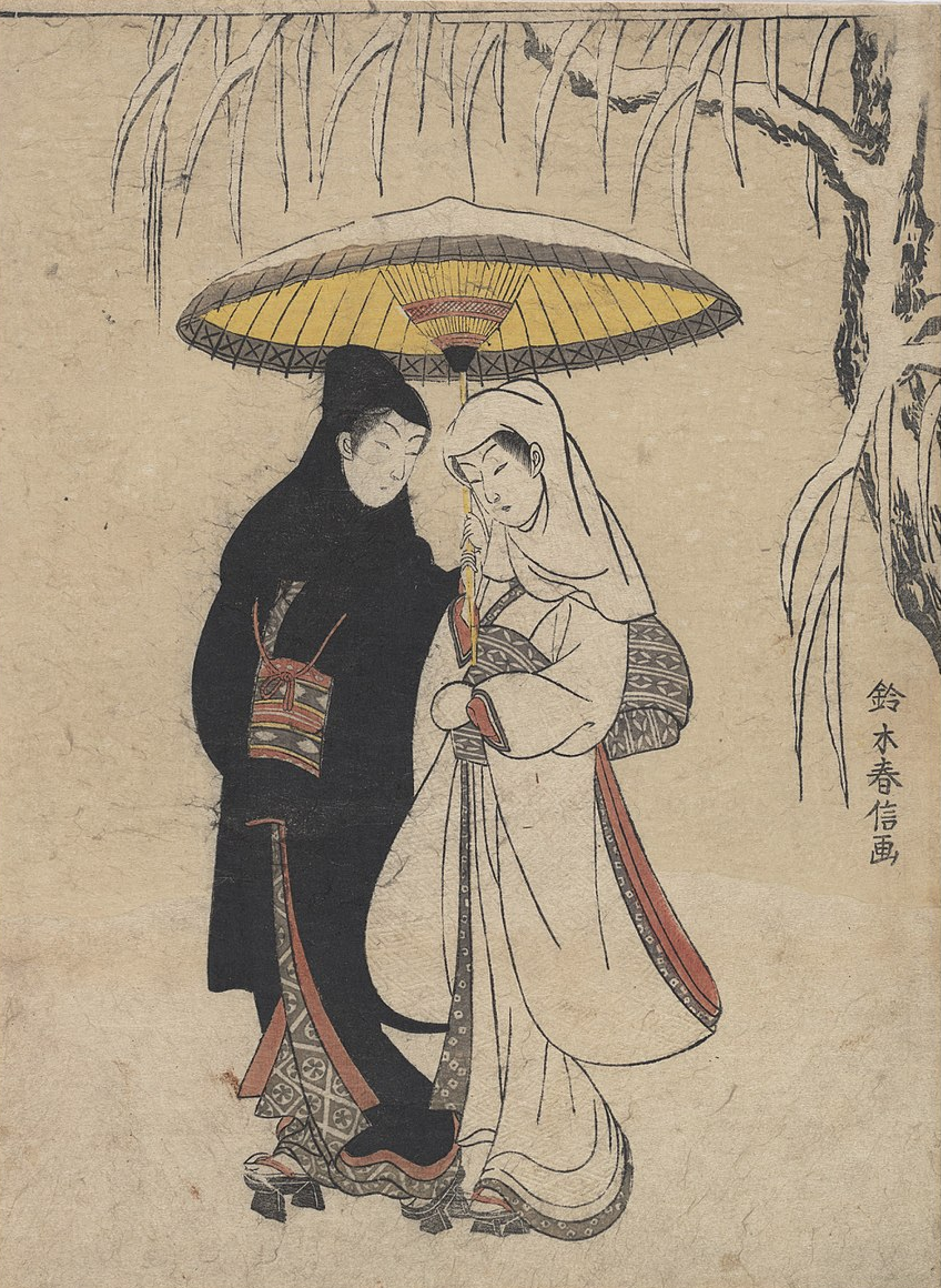 Suzuki Harunobu, Lovers Walking in the Snow (Crow and Heron), 1764–72