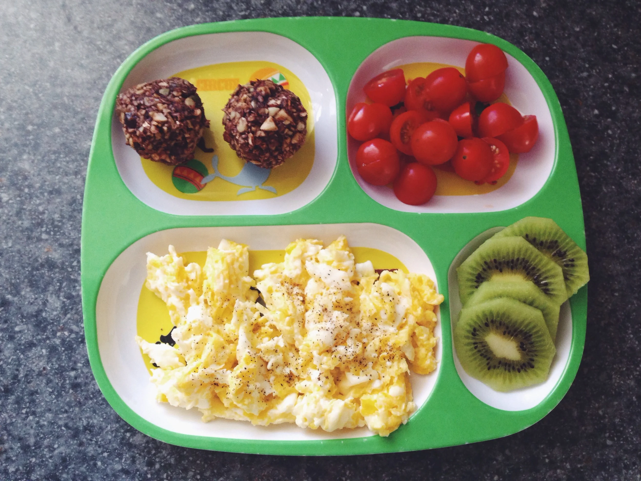 "energy bites" / cherry tomatoes / scrambled eggs / kiwi slices