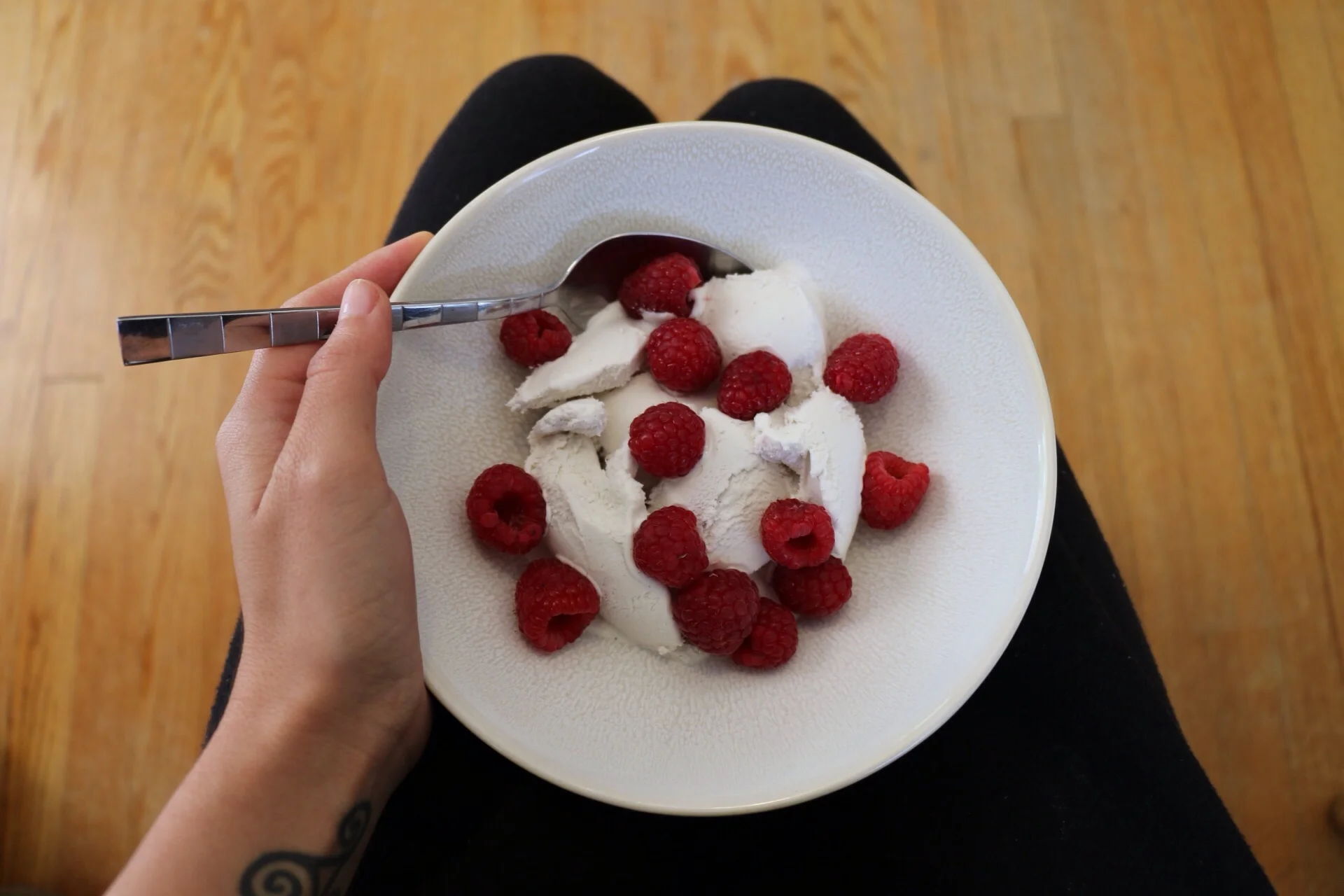 Vanilla coconut milk ice cream and raspberries. Um yes. 