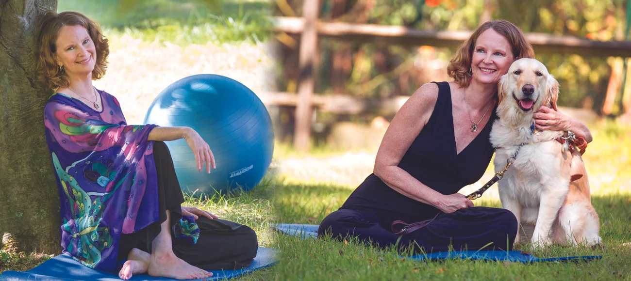 Picture of Mel Scott with Stability Ball and Mel Scott with Jingles her guide dog.