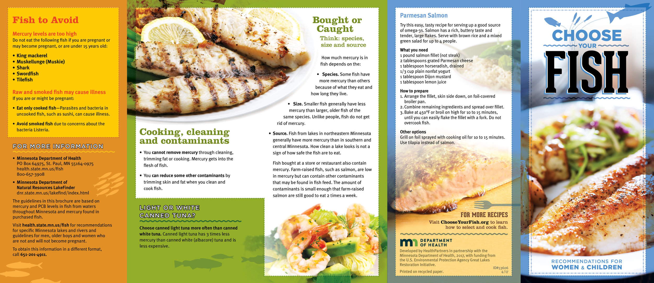   Choose Your Fish  brochure for women and children developed by the International Diabetes Center and HealthPartners; exterior spread of 5-panel brochure 
