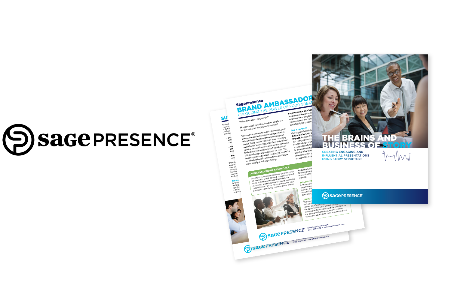  SagePresence: white paper cover and sell sheets for presentation consulting firm 