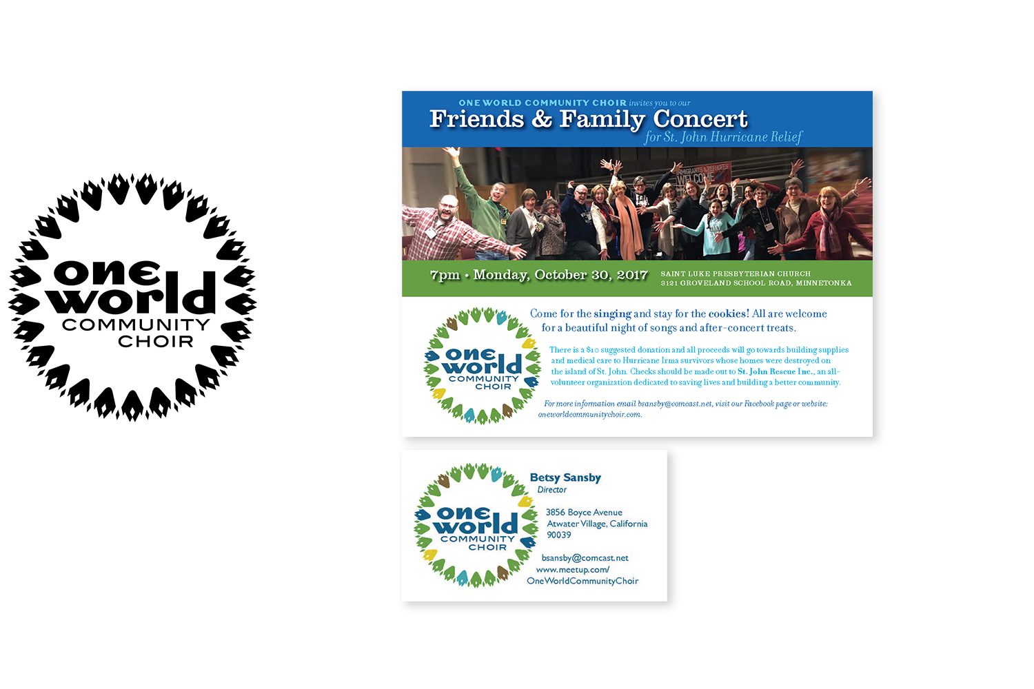  One World Community Choir: business card and postcard 