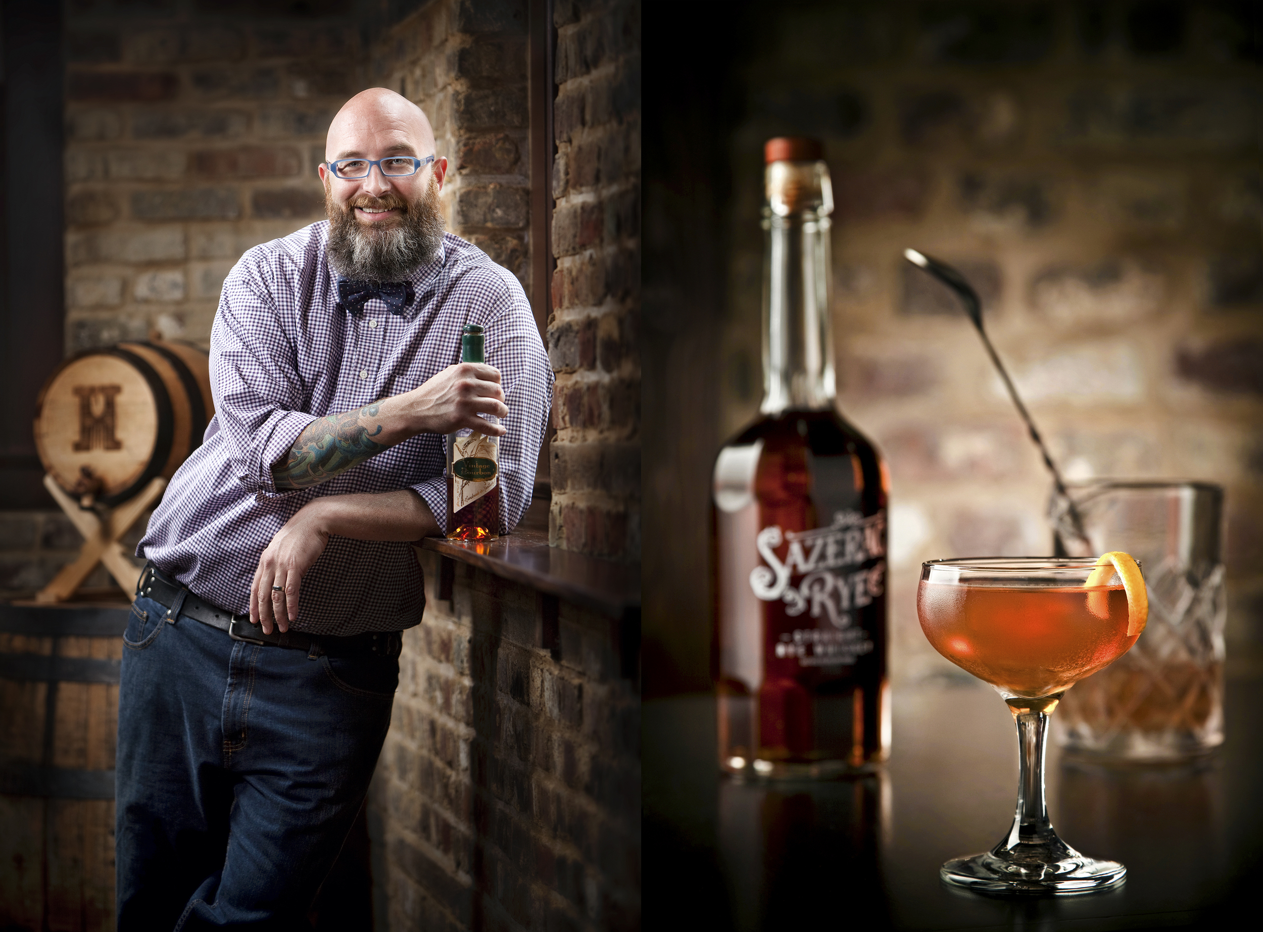 portrait and beverage photography of bartender and sazerac