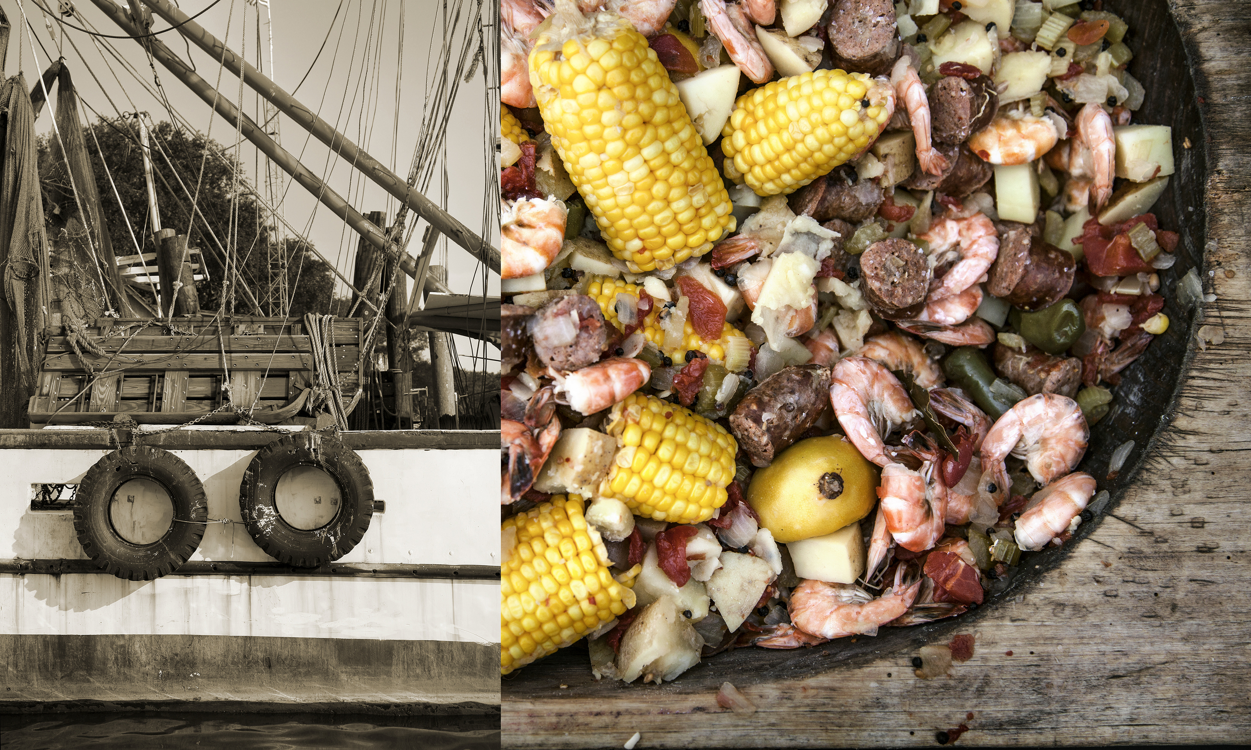 food photography of shrimp boil and shrimp boat