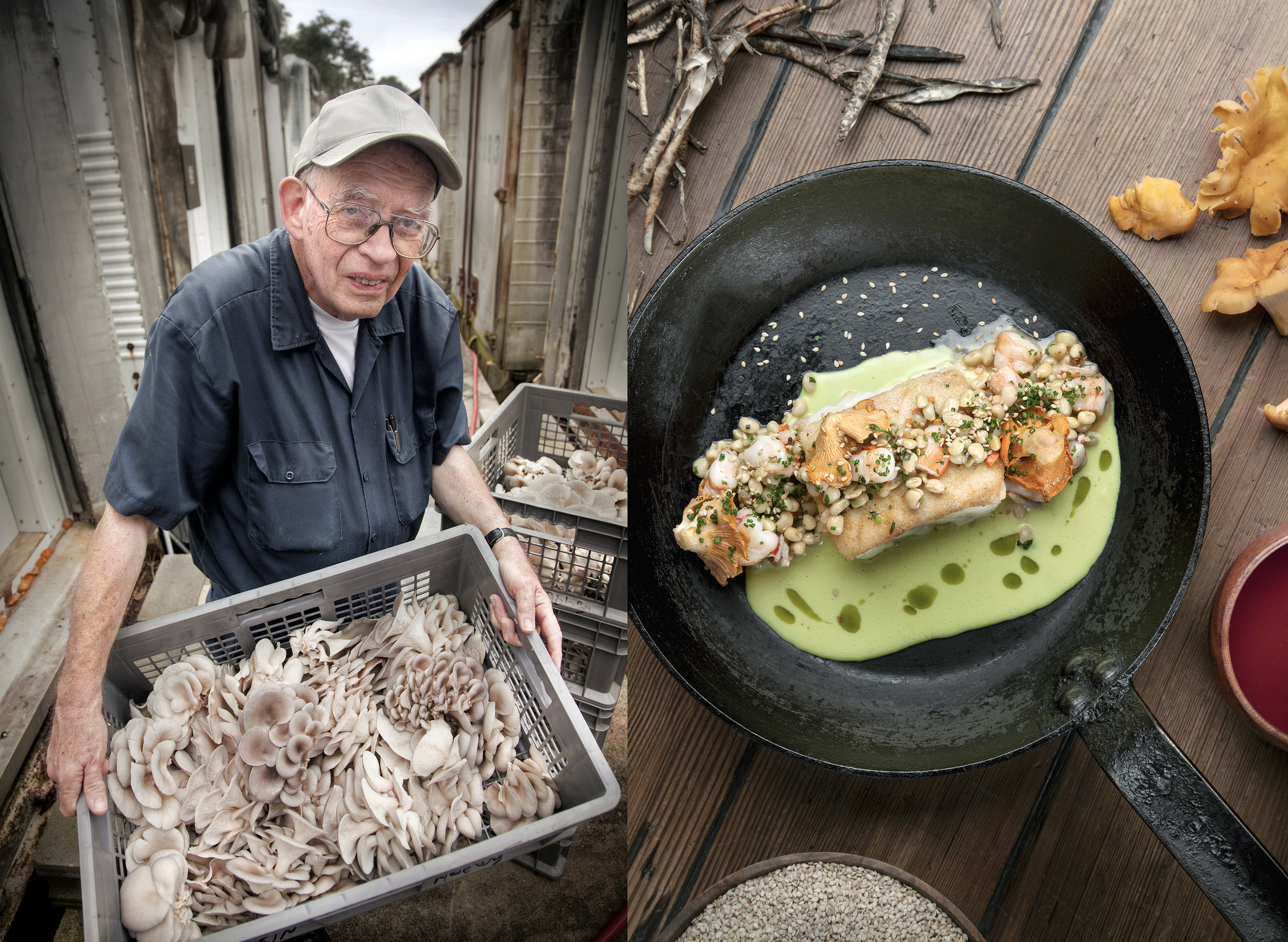 commercial food and portrait photography of farmer and iron skillet