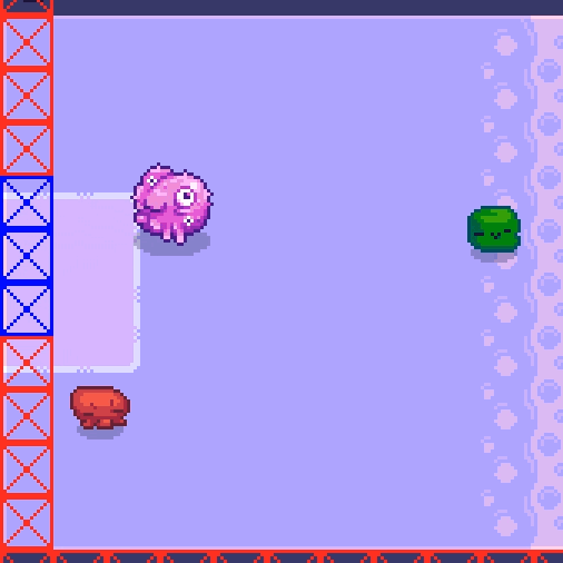 This was our progress at the end of the second night of TOJam. The squishy “attack” pose is just us reusing the squishiest frame of the bounce animation!