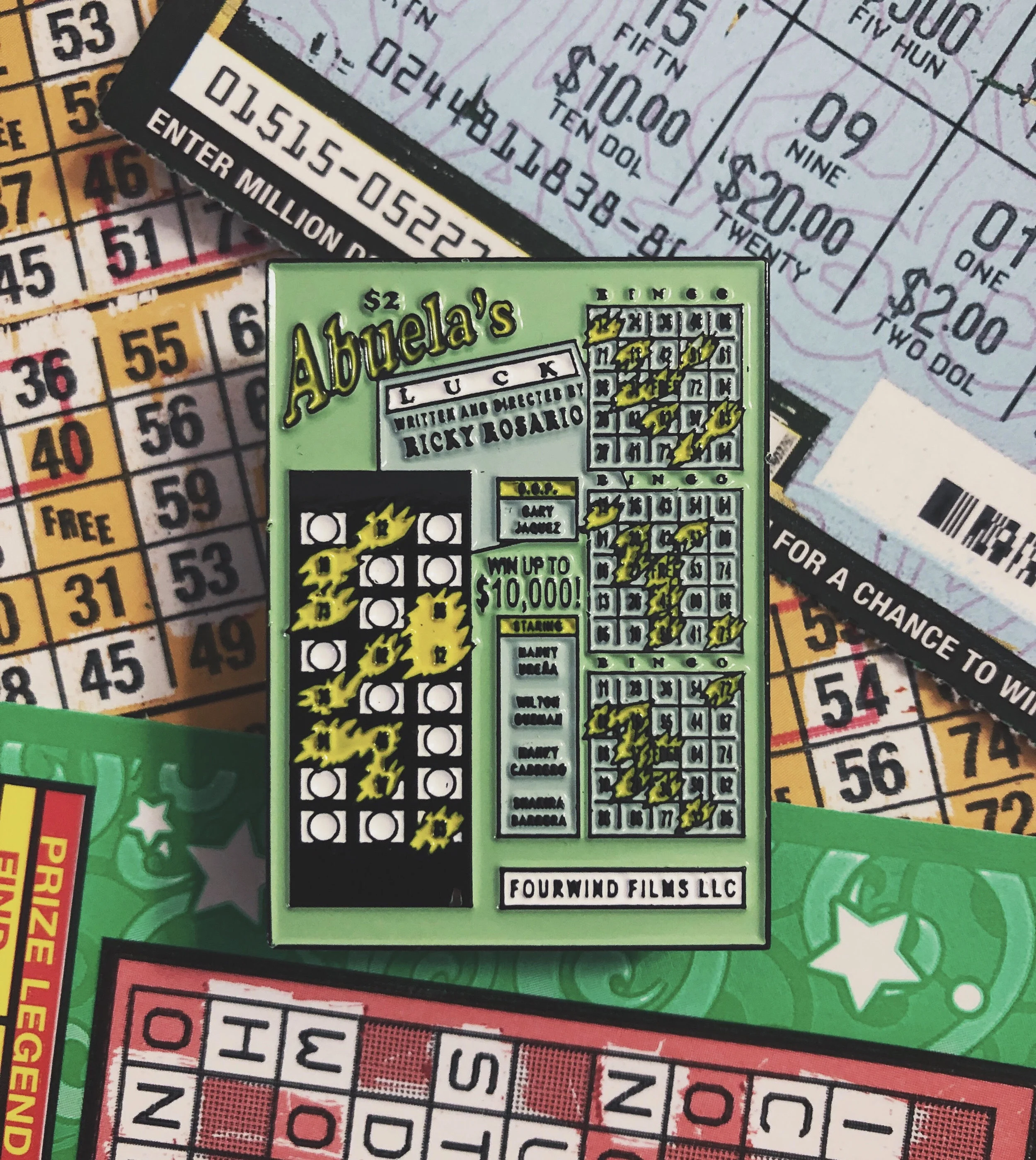 Abuela's Luck pin and lottery tickets.jpg