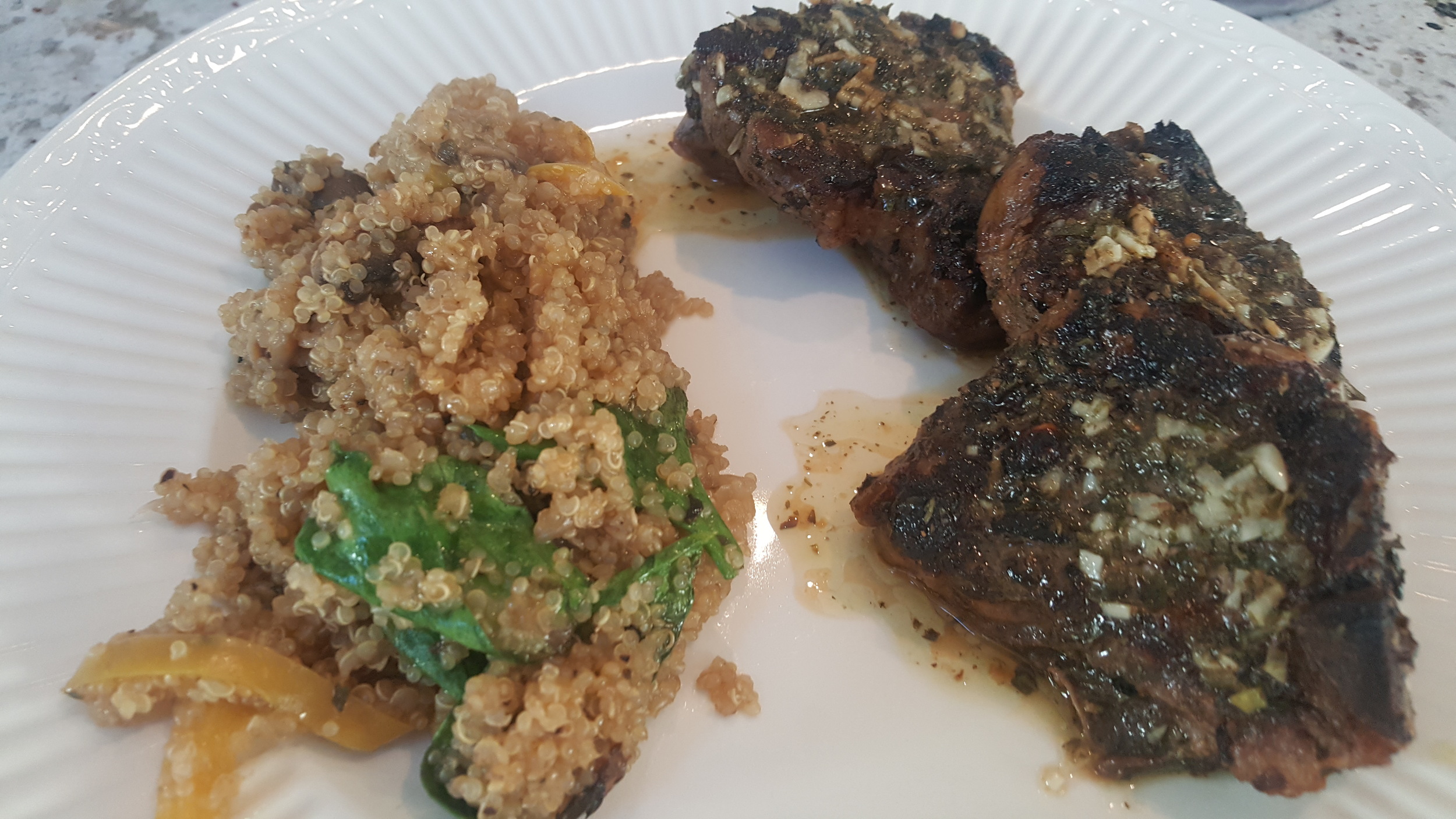 I served it with quinoa mixed with mushrooms, peppers and spinach! 