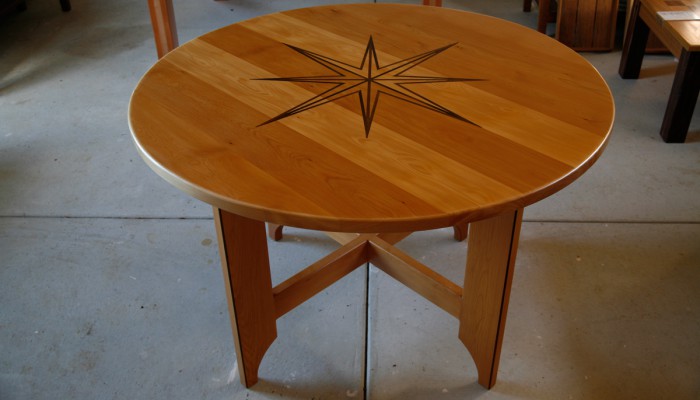 Celery Top Pine round Dining Table with Blackwood inlay.