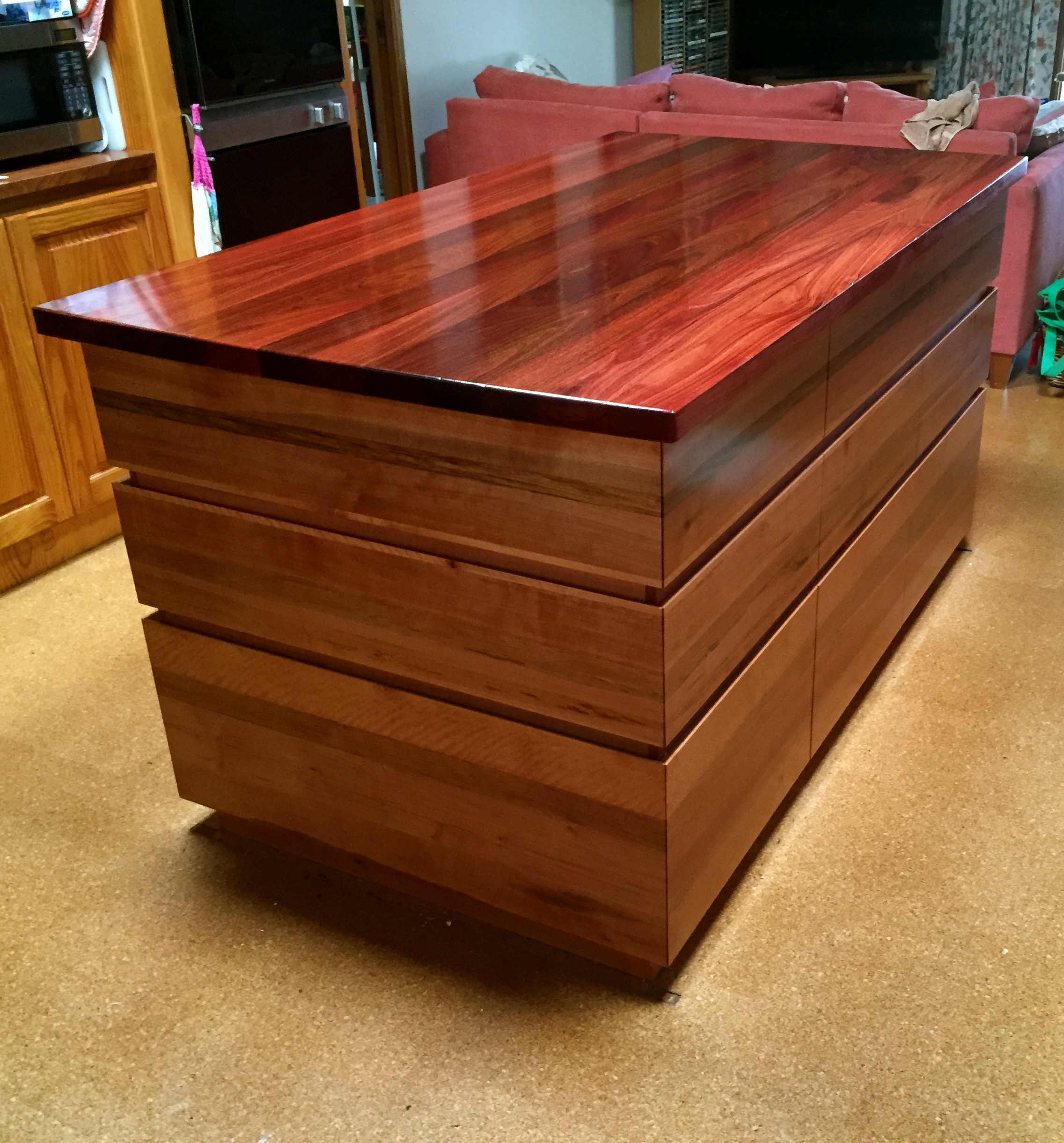 Double sided solid Jarrah island bench with nine drawers on both sides. 