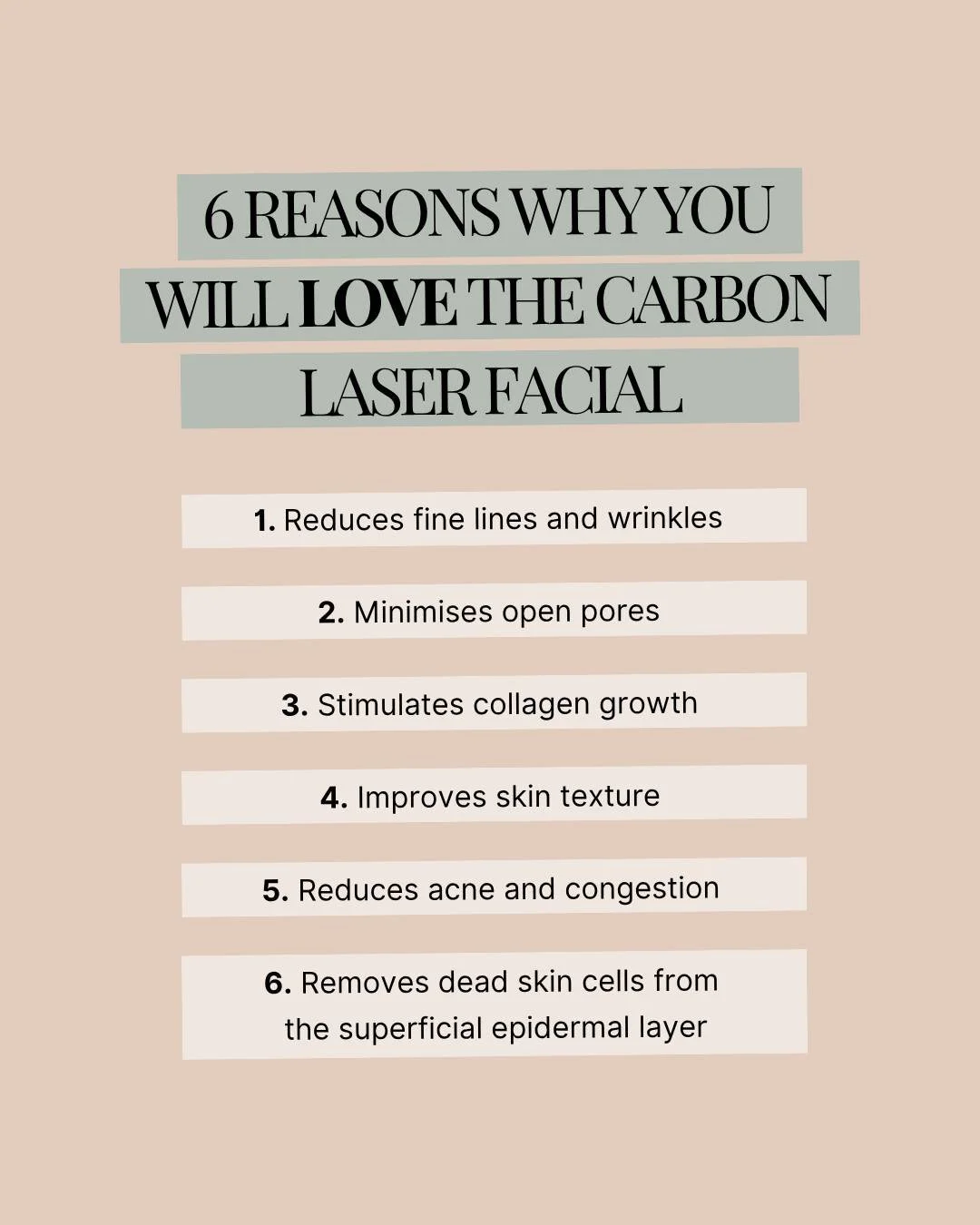 6 Reasons Why We ❤️ the Carbon Laser Facial:
1️⃣ Reduces fine lines and wrinkles
2️⃣ Minimises open pores
3️⃣ Stimulates collagen growth
4️⃣ Improves skin texture
5️⃣ Reduces acne and congestion
6️⃣ Removes dead skin cells for an instant glow

A sing