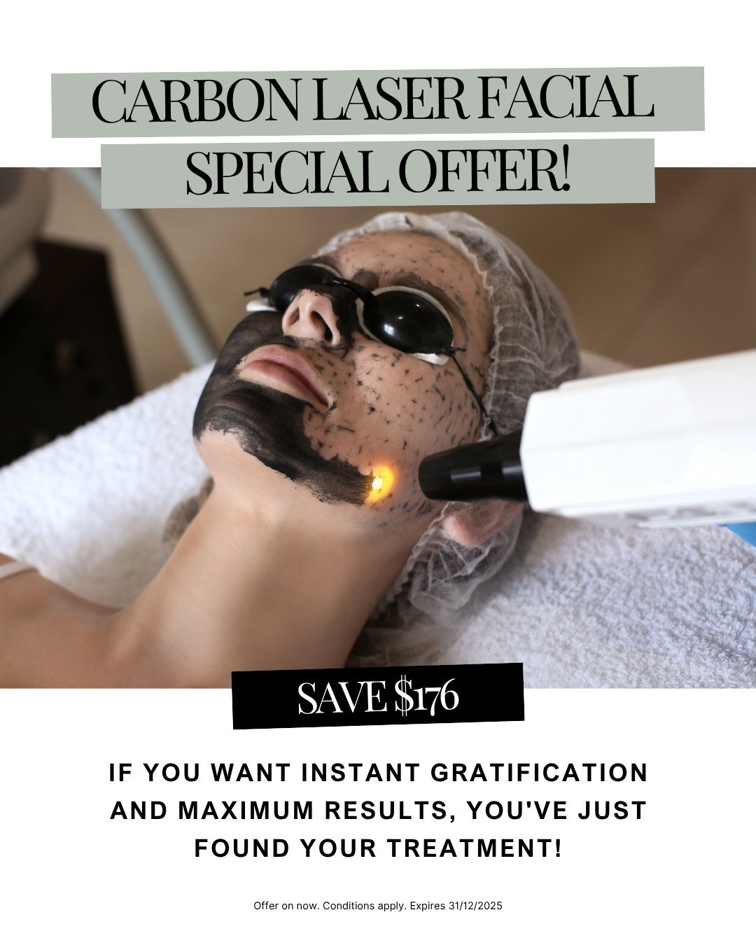 Get the glow everyone&rsquo;s talking about ✨
Our Carbon Laser Facial Package &mdash; valued at $471 &mdash; is just $295 for a limited time.
Includes Carbon Laser Facial, LED Light Therapy, Hand Massage &amp; Sheet Mask.

⏰ Offer ends 31 December.
?